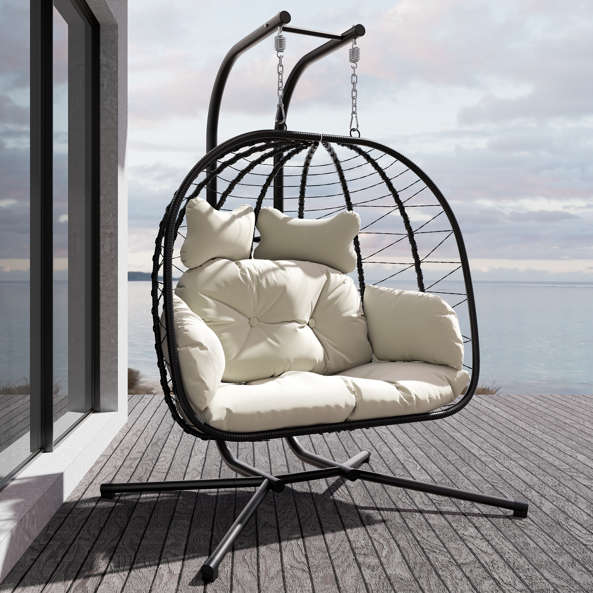 2-Person Hanging Egg Chair with Stand and Cushions – Front View