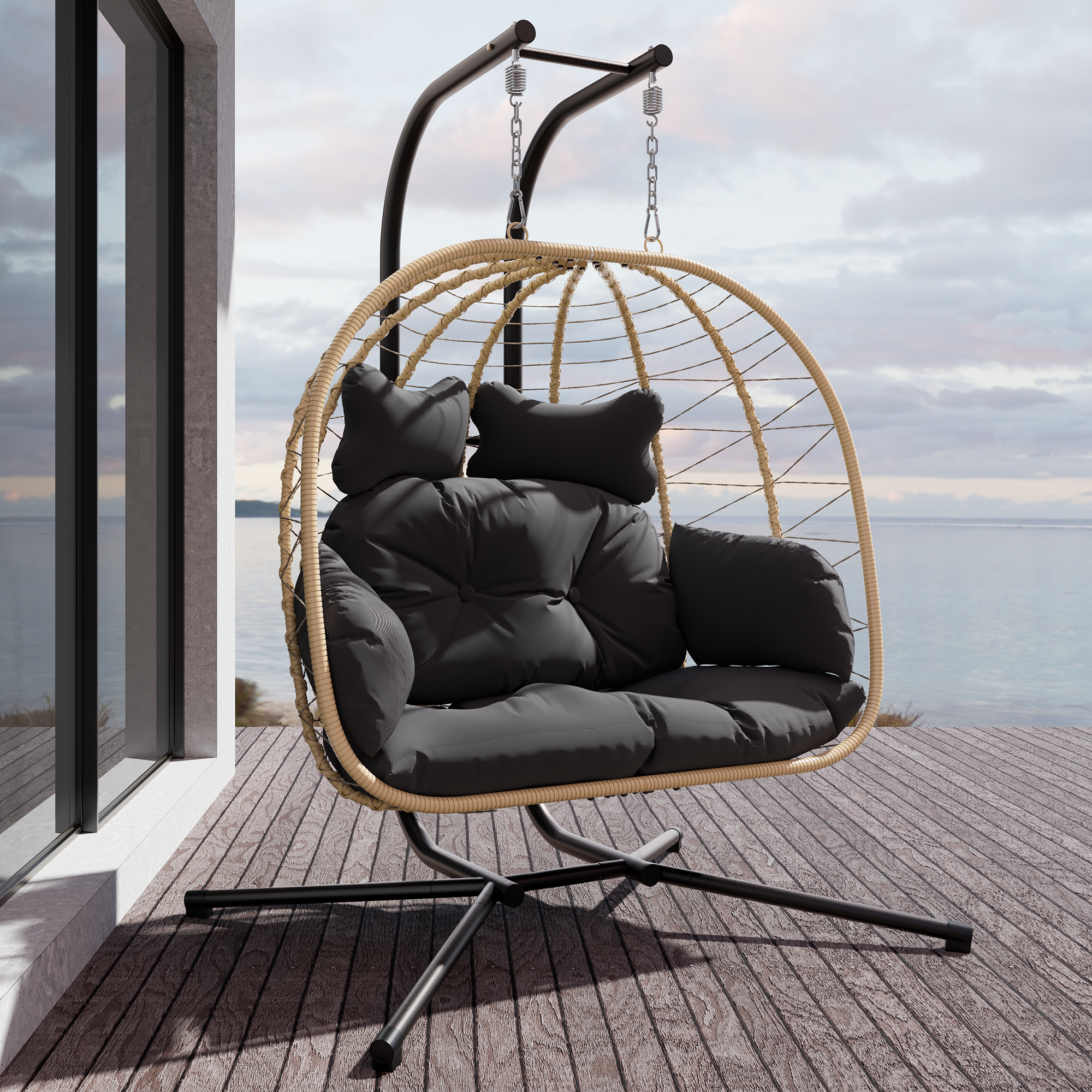 LHBcraft 2-Person Hanging Egg Chair with Stand and Cushions – Front View