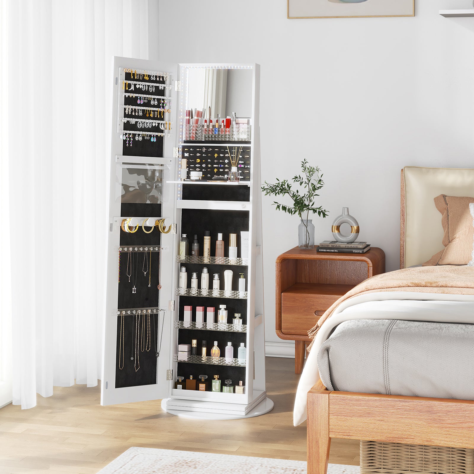 LHBcraft Interior of Jewelry Armoire Showcasing Storage Compartments and LED Lighting