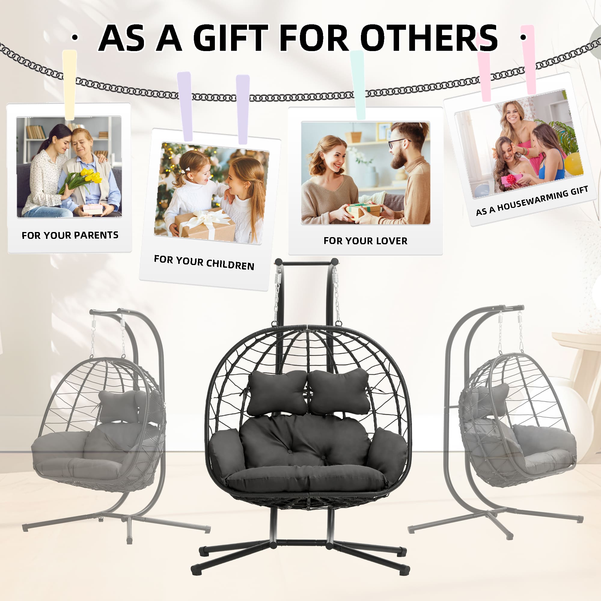 LHBcraft 2-Person Hanging Egg Chair with Stand and Cushions – Front View