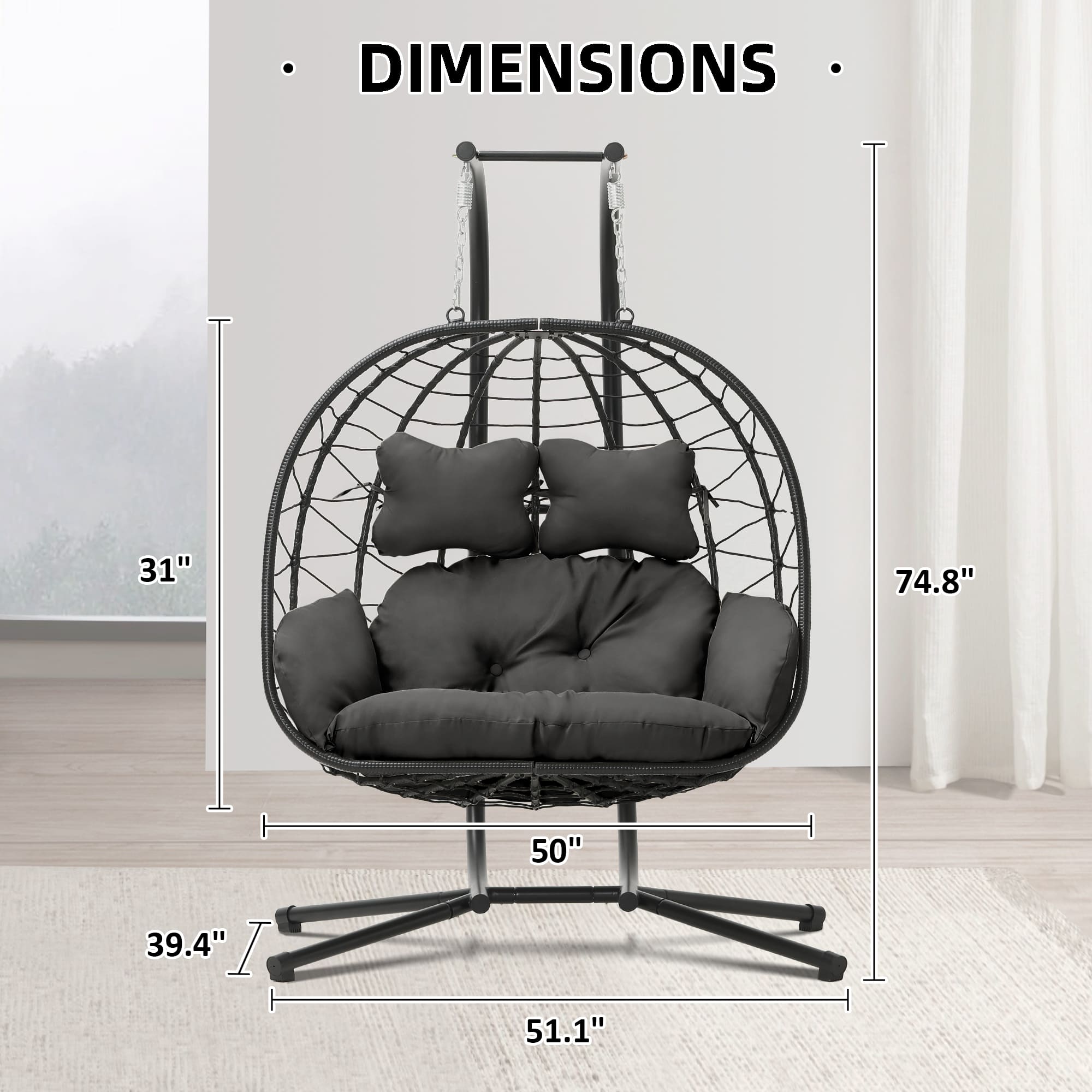 LHBcraft 2-Person Hanging Egg Chair with Stand and Cushions – Front View