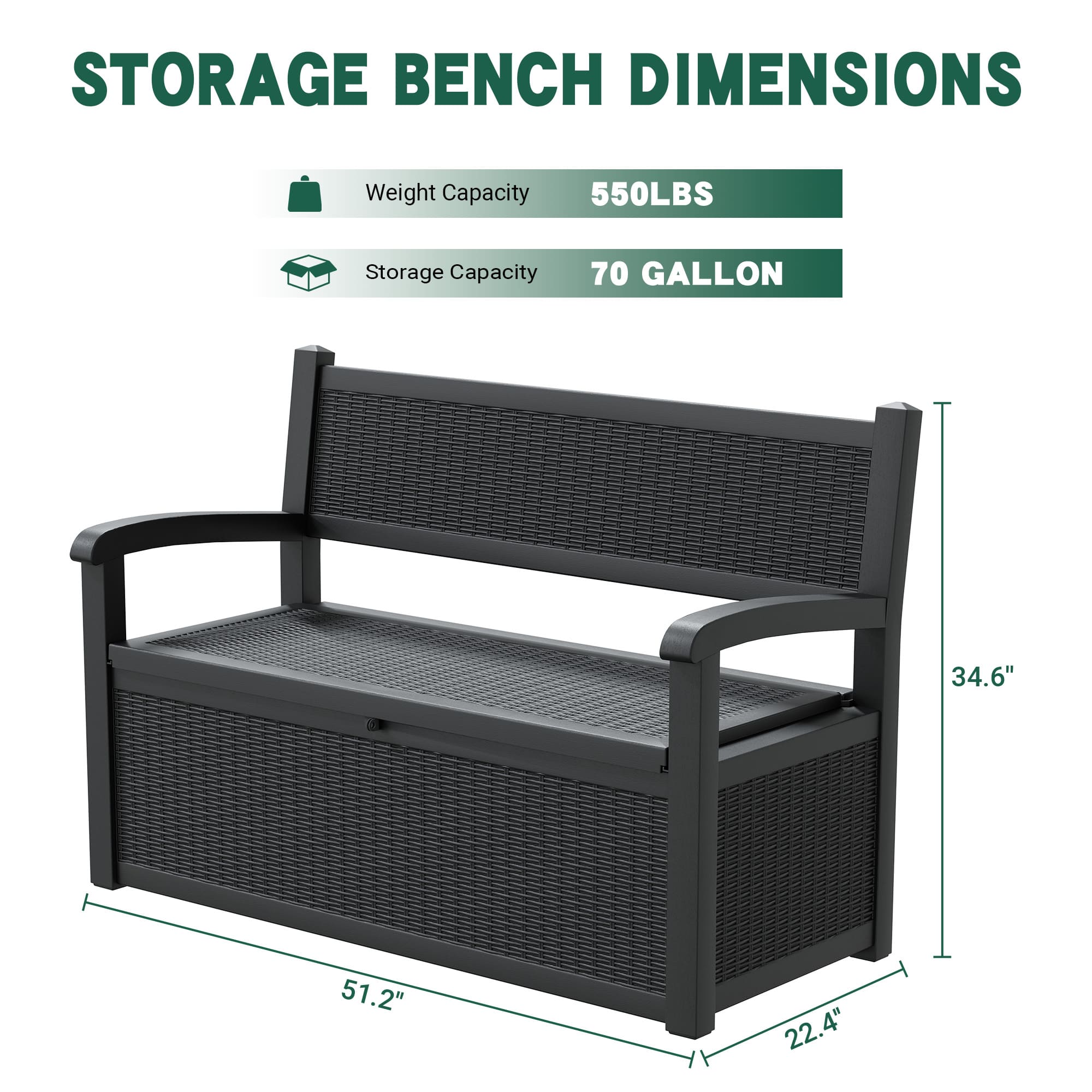 70 Gal Outdoor Storage Bench, Outdoor Storage Box Waterproof Design with Pre-Lock Feature, Deck Box Perfect for Patio Storage