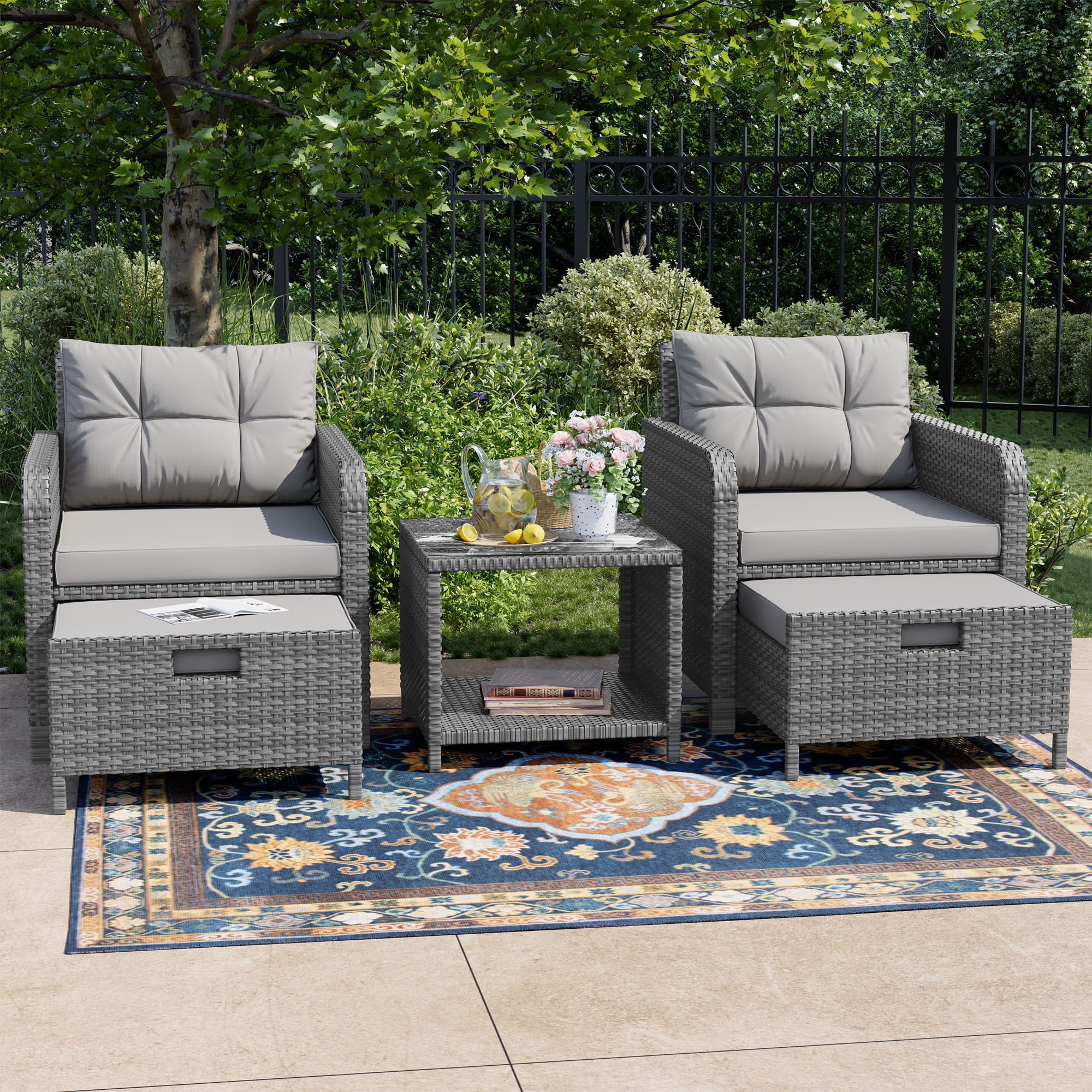 5-Piece Rattan Patio Set with Cushioned Chairs and Ottomans – Front View