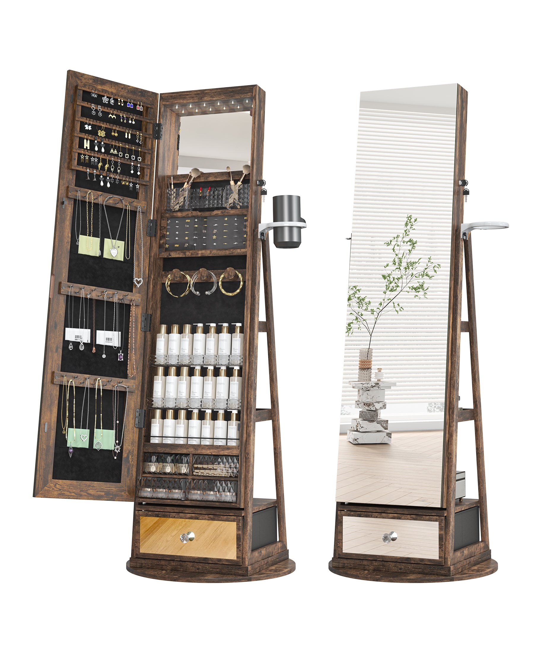 LHBcraft 64.2'' H Freestanding Jewelry Armoire with Full-Length Mirror – Front View