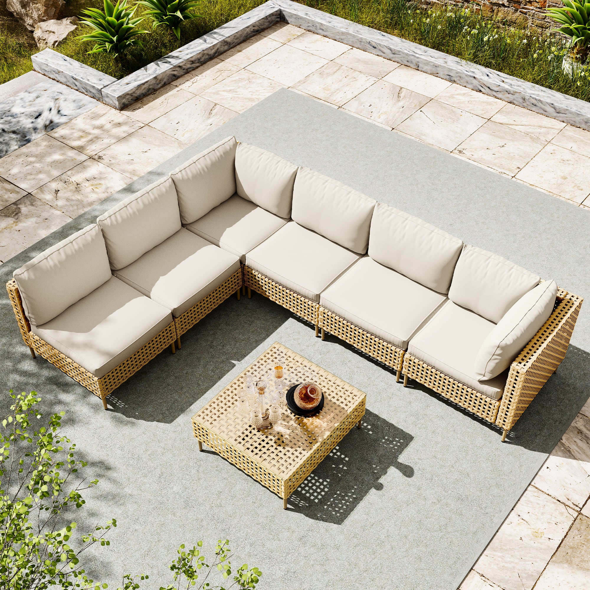 6-Person Outdoor Modular Wicker Seating Group with Beige Cushions – Front View