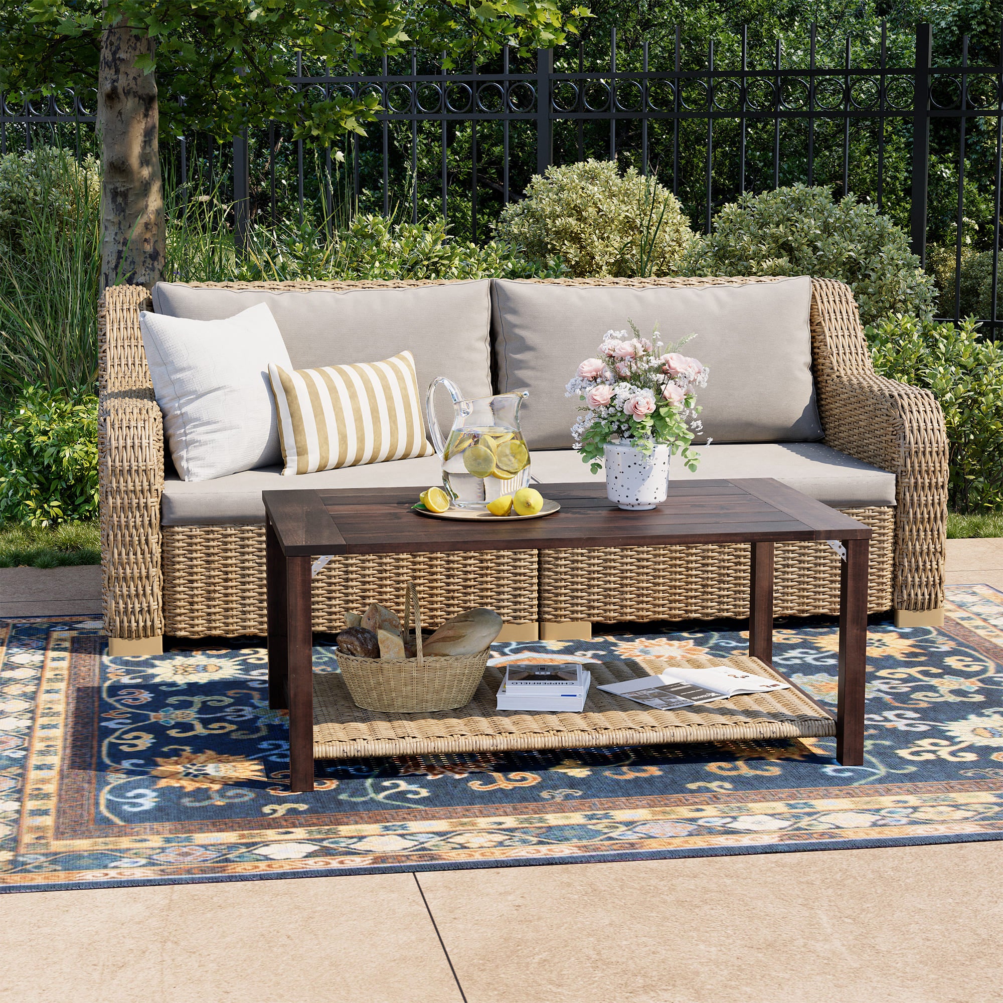 Outdoor Patio Rattan Sofa Set with Tea Table and Cushions Anti-corrosion and Mould Resistant