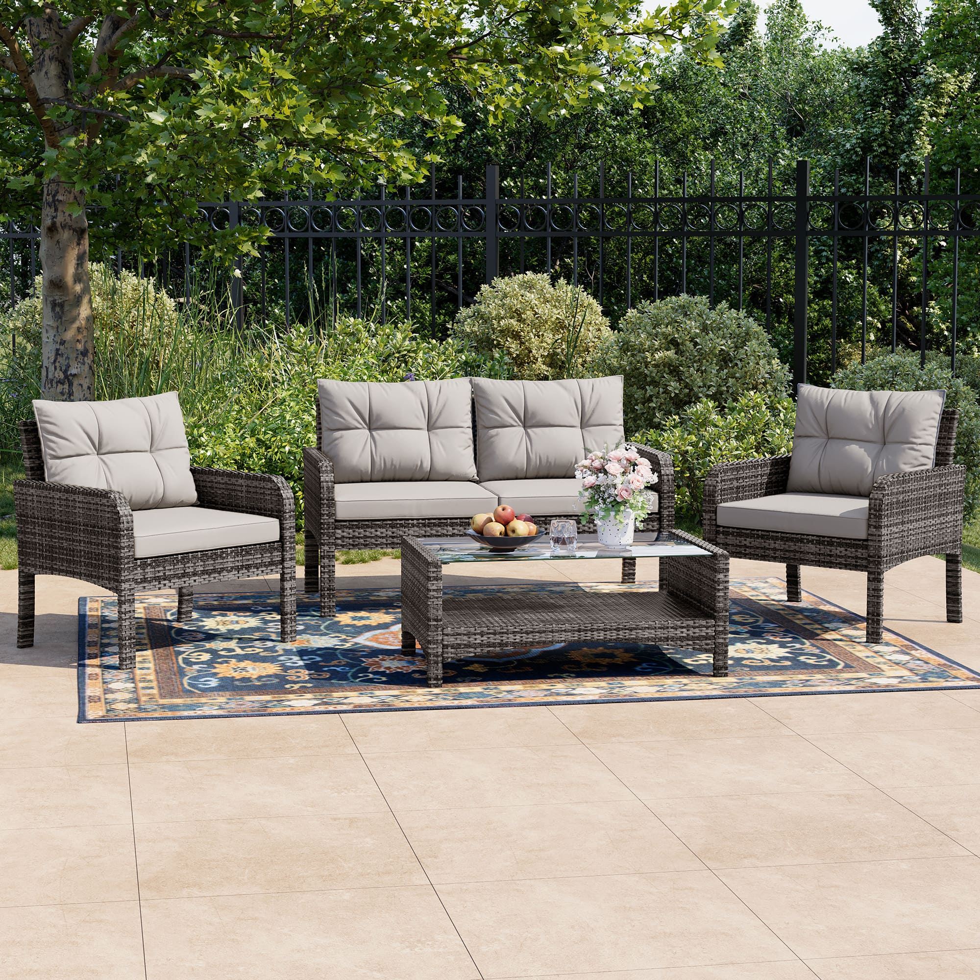 4-Piece Rattan Patio Furniture Set with Cushions and Coffee Table – Front View