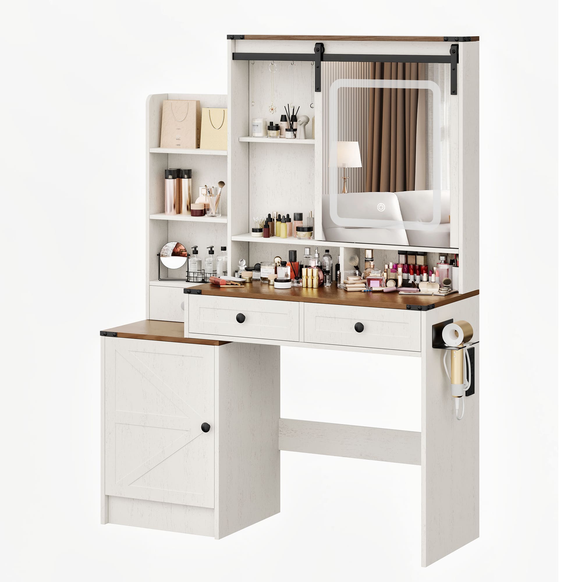 59" Farmhouse Vanity Desk with Mirror, LED Lights & Charging Station – Makeup Table with Drawers, Cabinet & Shelves
