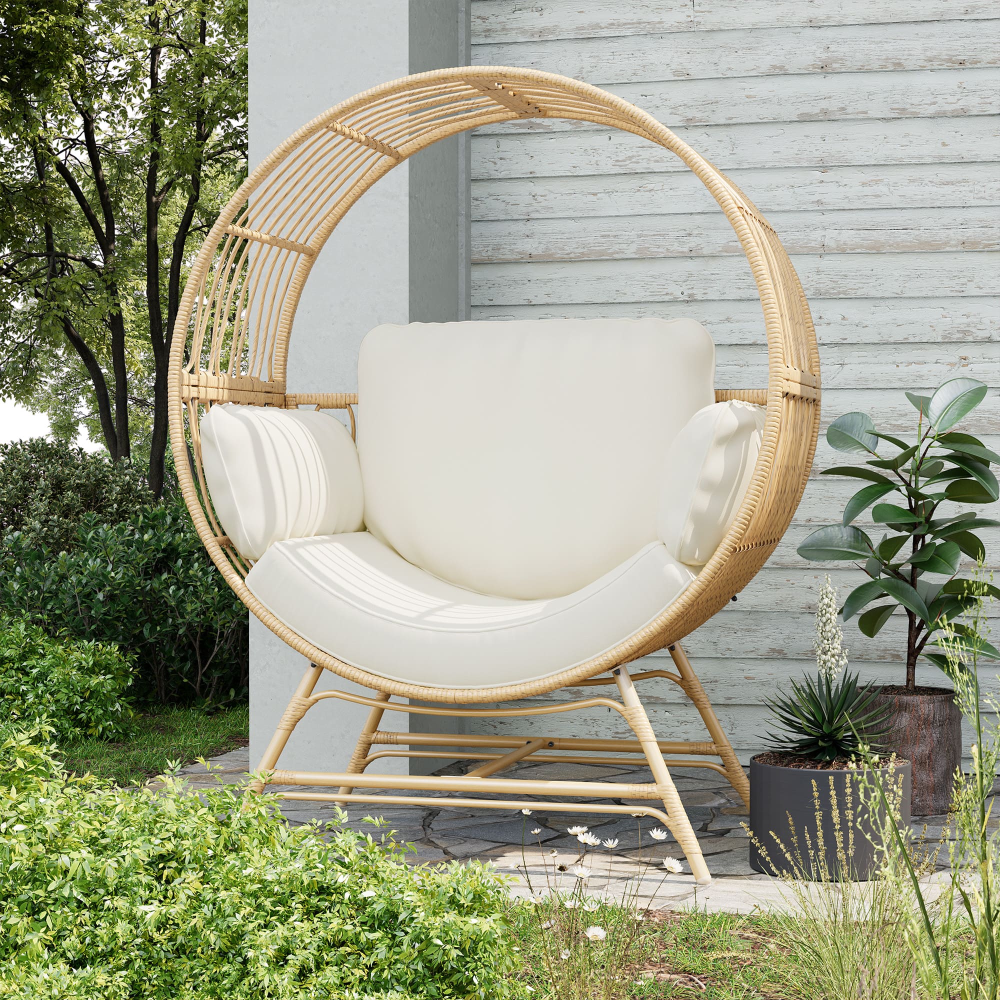 Wicker Outdoor Egg Chair with Black Cushion – Front View