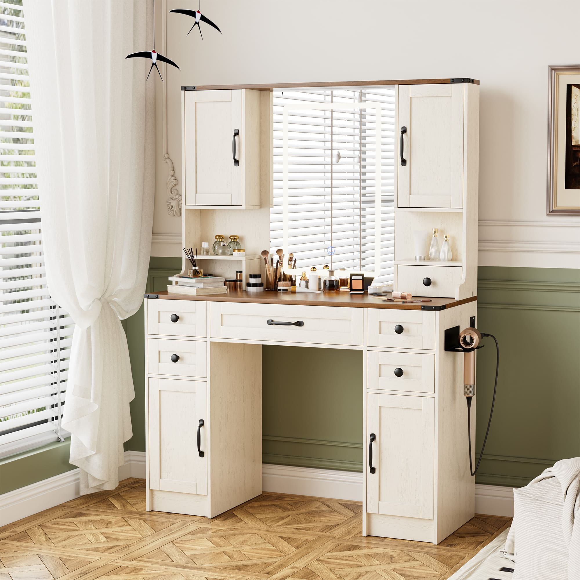 Modern Vanity Desk with Tri-Color LED Mirror, Charging Station & Storage – Makeup Table with Drawers, USB Ports, and Adjustable Lighting
