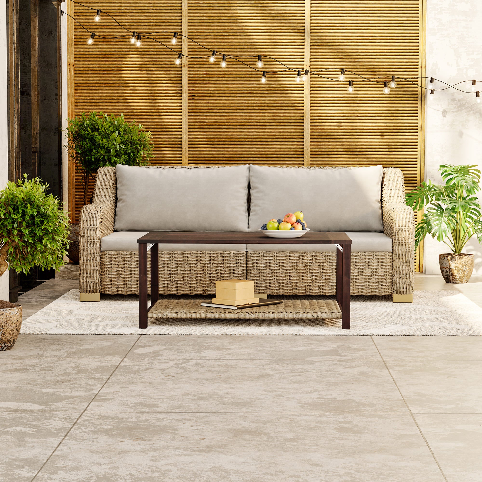 Outdoor Patio Rattan Sofa Set with Tea Table and Cushions Anti-corrosion and Mould Resistant