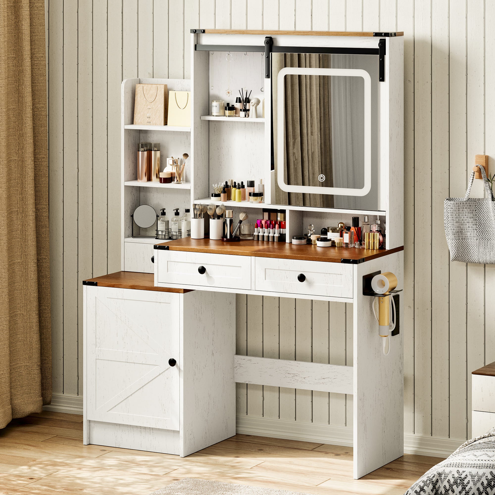 59" Farmhouse Vanity Desk with Mirror, LED Lights & Charging Station – Makeup Table with Drawers, Cabinet & Shelves