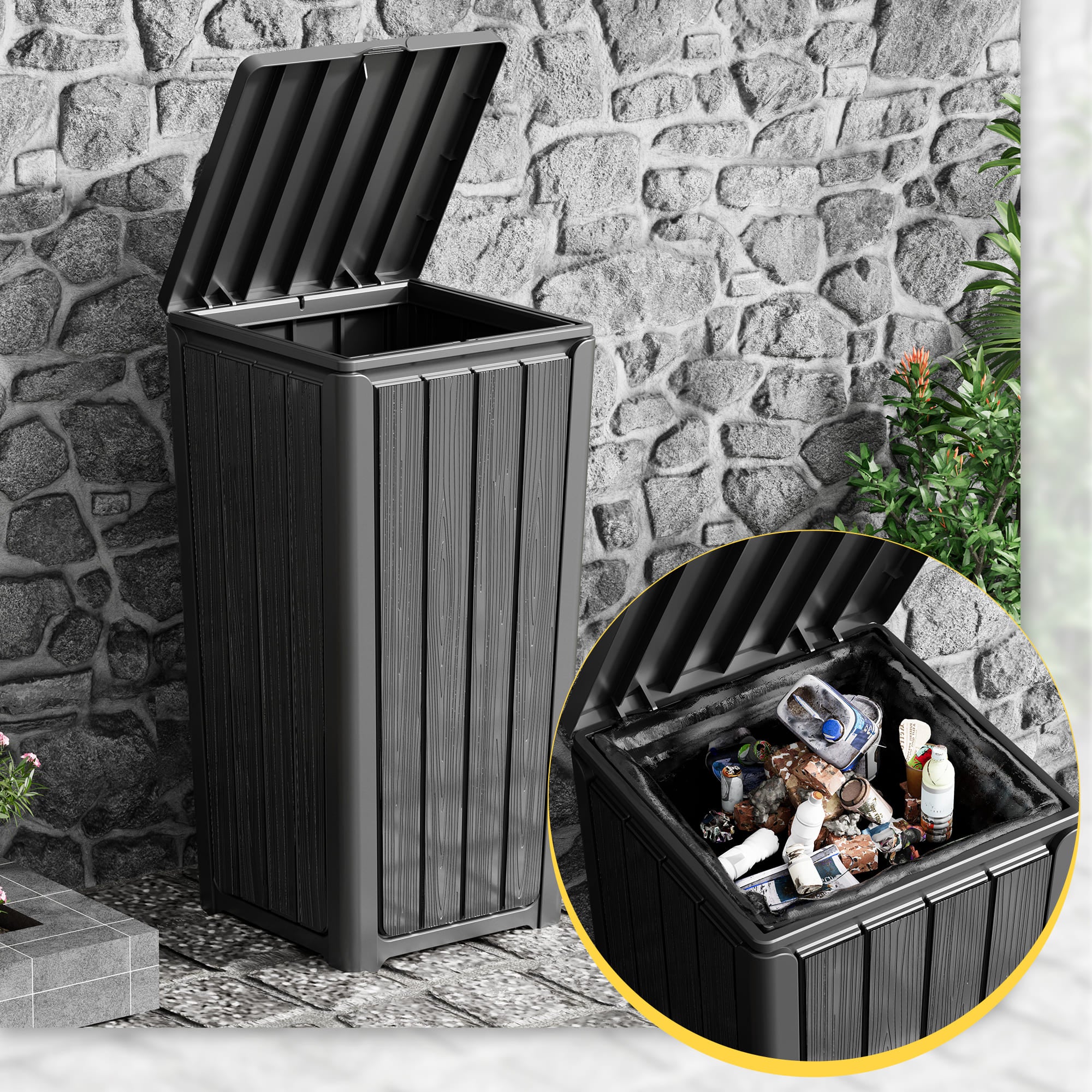 23 Gallon Waterproof Wood Grain Trash Bin for Outdoor Easy to Clean & Install