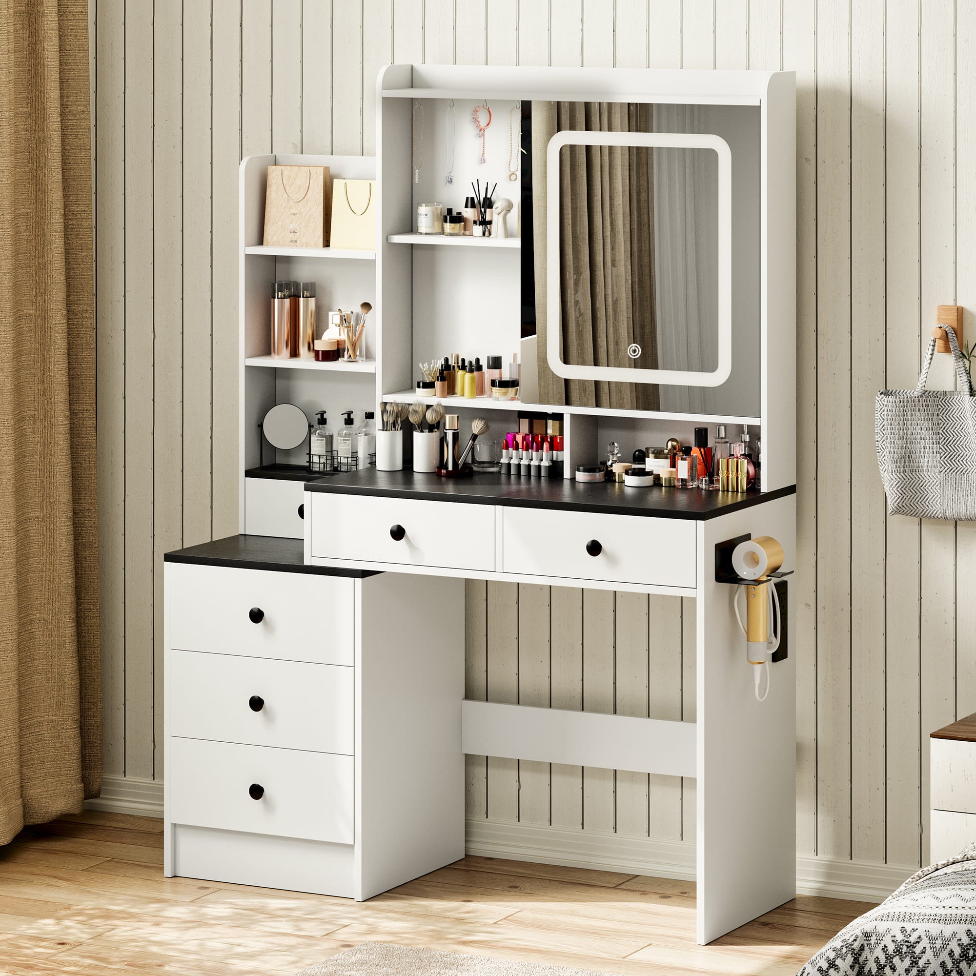 59" Farmhouse Vanity Desk with Mirror, LED Lights & Charging Station – Makeup Table with Drawers, Cabinet & Shelves