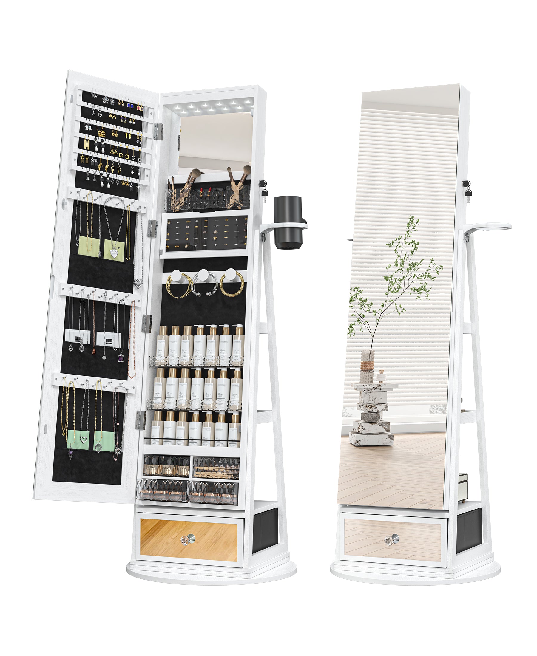 LHBcraft 64.2'' H Freestanding Jewelry Armoire with Full-Length Mirror – Front View