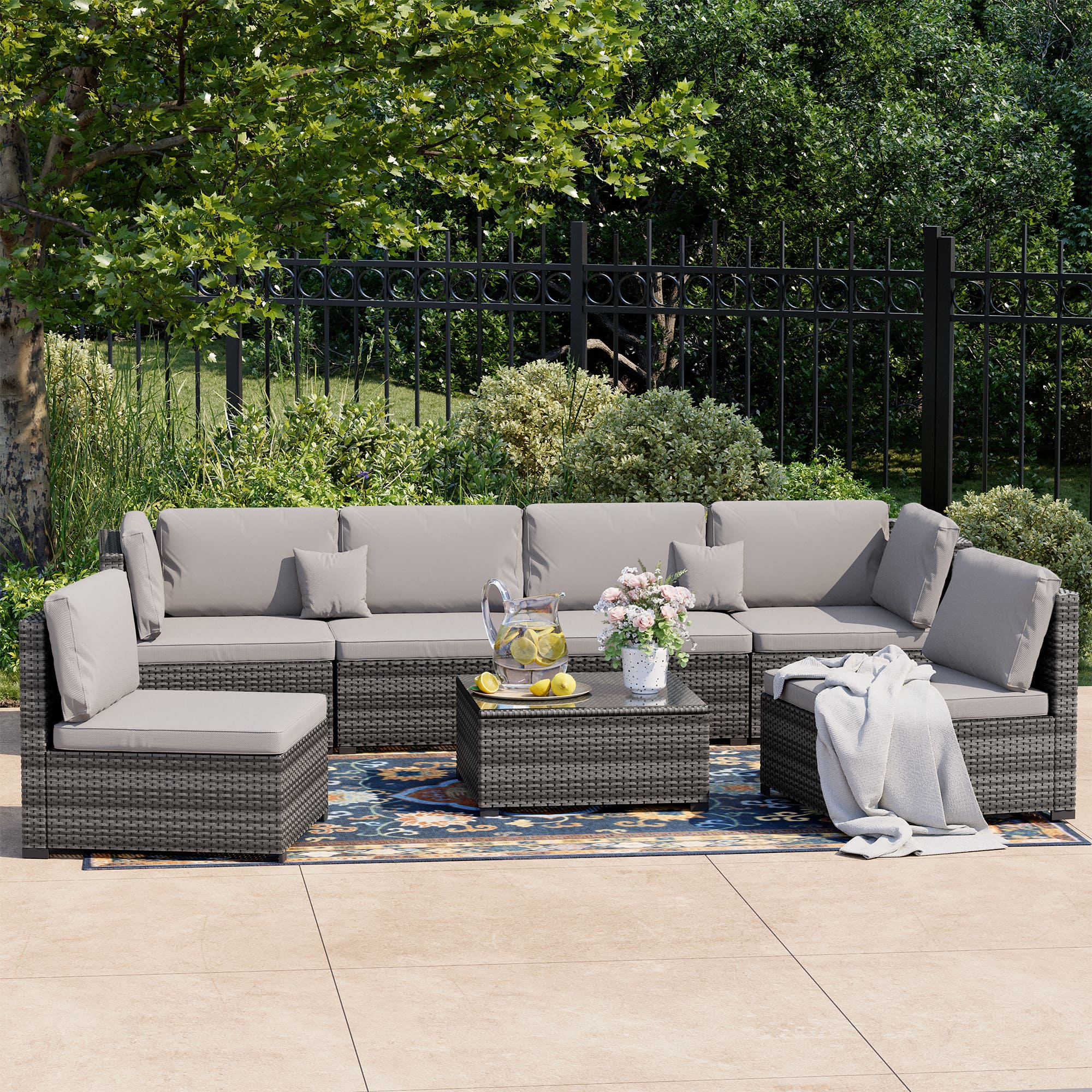 Ebern Designs 7-Piece Outdoor Rattan Sectional Sofa Set – Front View