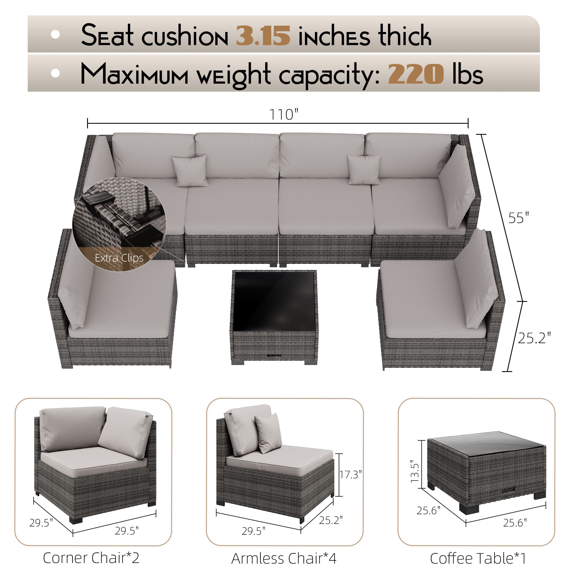 Ebern Designs 7-Piece Outdoor Rattan Sectional Sofa Set – Front View