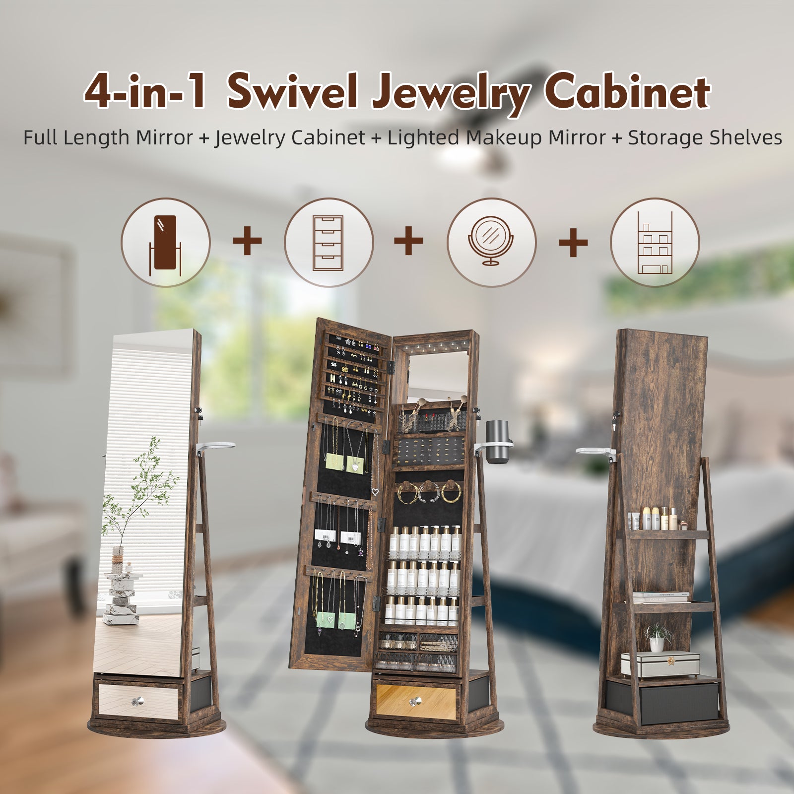 LHBcraft Interior of Jewelry Armoire Showcasing Storage Compartments and LED Lighting