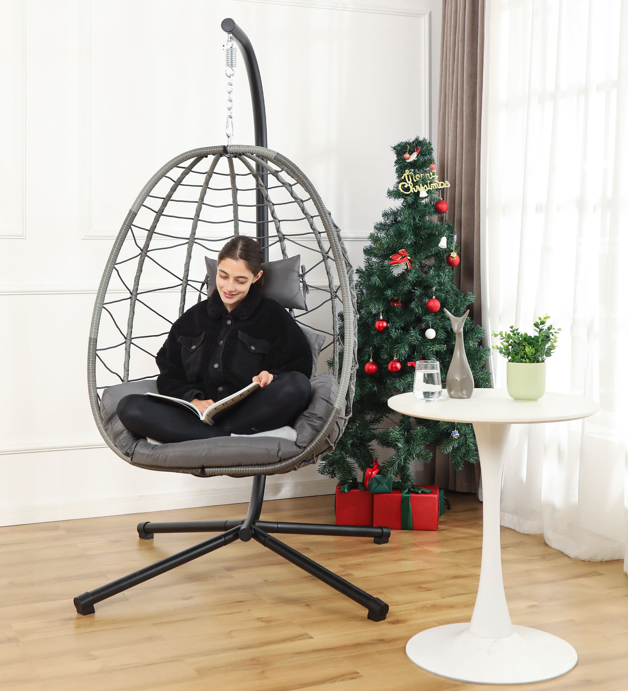 Hanging Egg Chair with Stand and Cushions – Front View