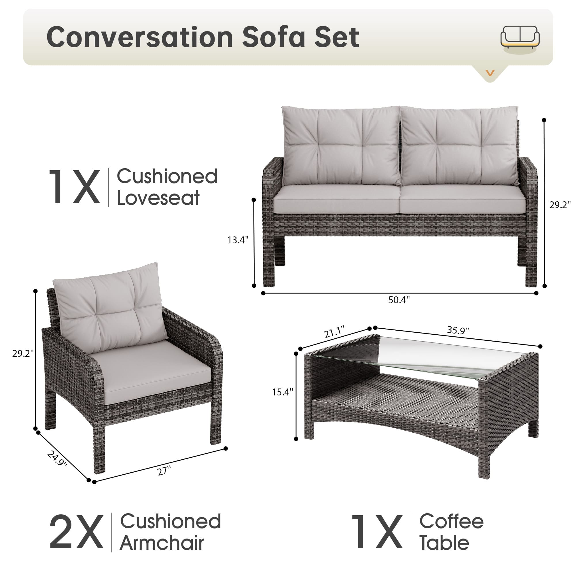 4-Piece Rattan Patio Furniture Set with Cushions and Coffee Table – Front View