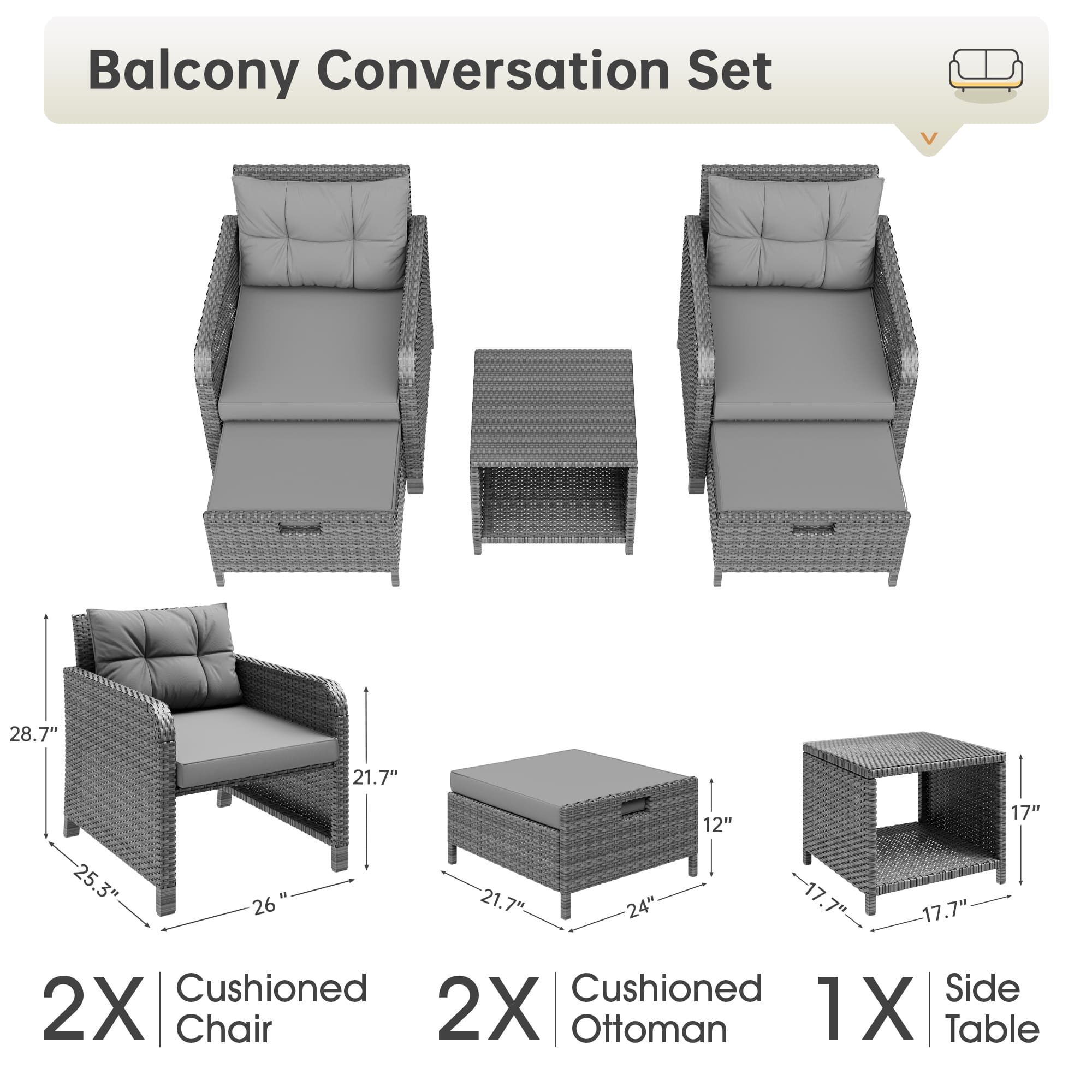 5-Piece Rattan Patio Set with Cushioned Chairs and Ottomans – Front View