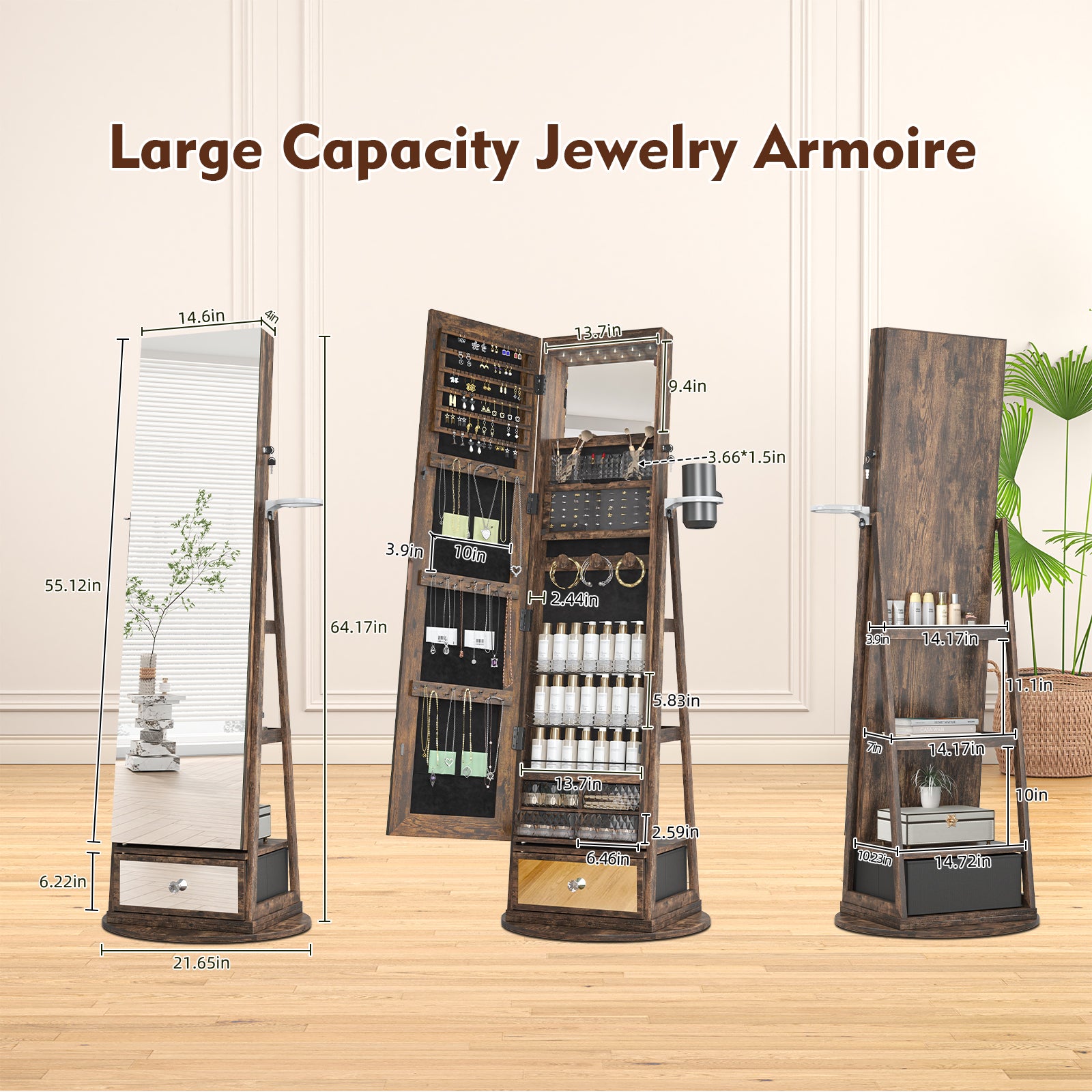 LHBcraft Interior of Jewelry Armoire Showcasing Storage Compartments and LED Lighting