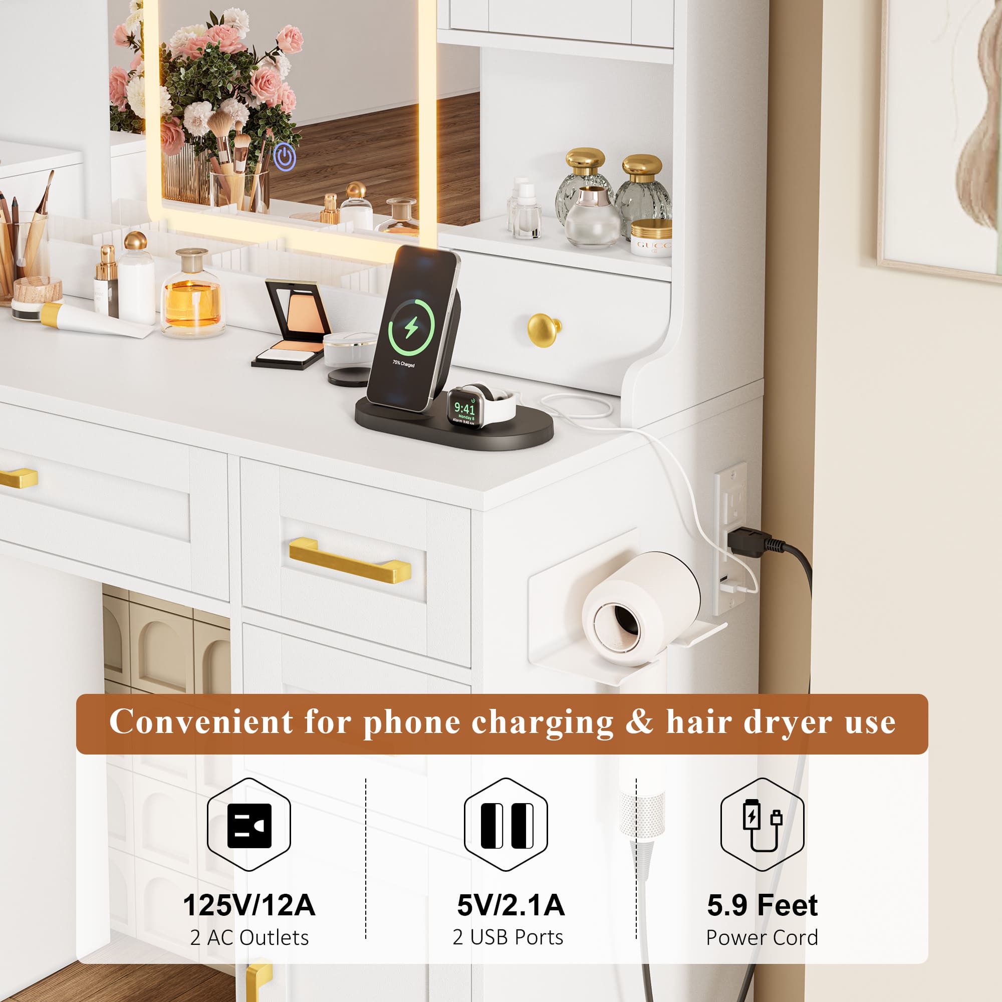 Modern Vanity Desk with Tri-Color LED Mirror, Charging Station & Storage – Makeup Table with Drawers, USB Ports, and Adjustable Lighting