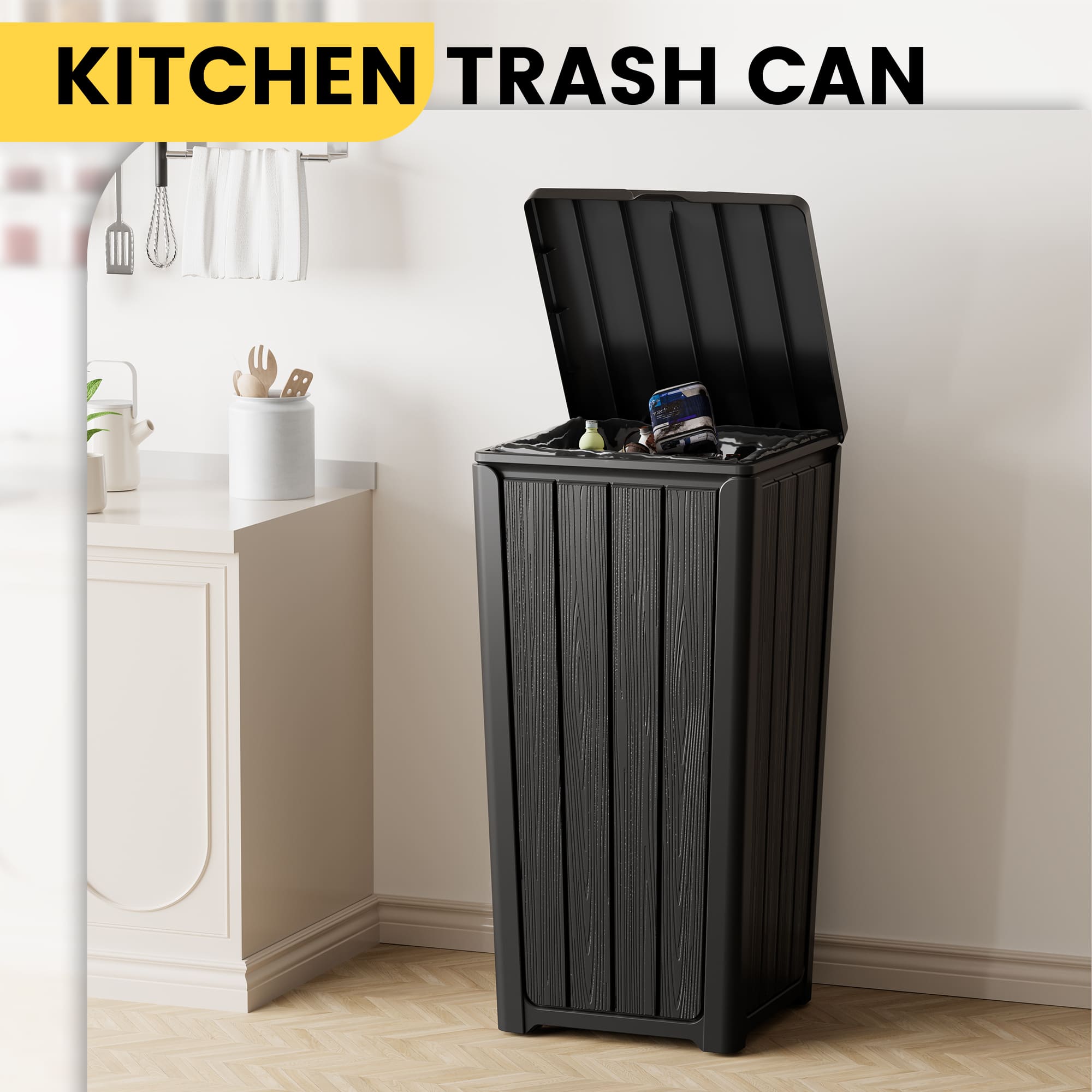 23 Gallon Waterproof Wood Grain Trash Bin for Outdoor Easy to Clean & Install