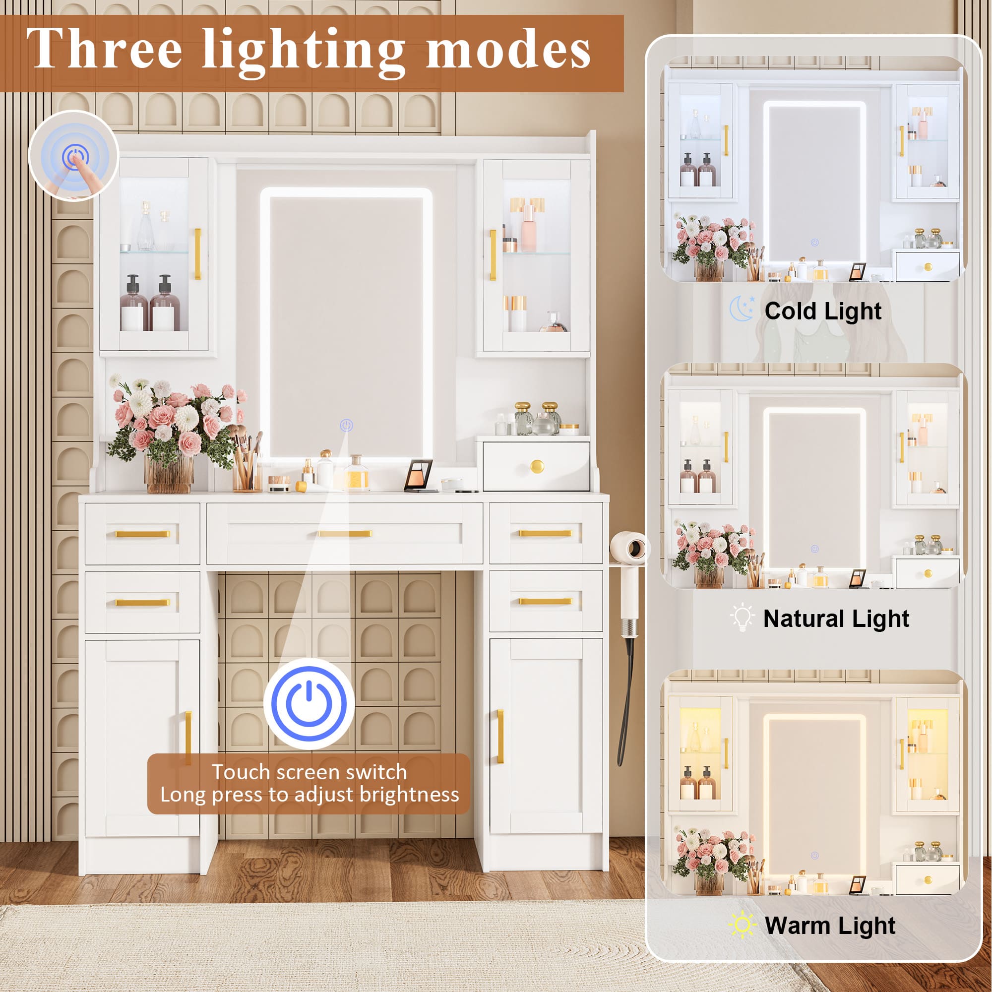 Modern Vanity Desk with Tri-Color LED Mirror, Charging Station & Storage – Makeup Table with Drawers, USB Ports, and Adjustable Lighting
