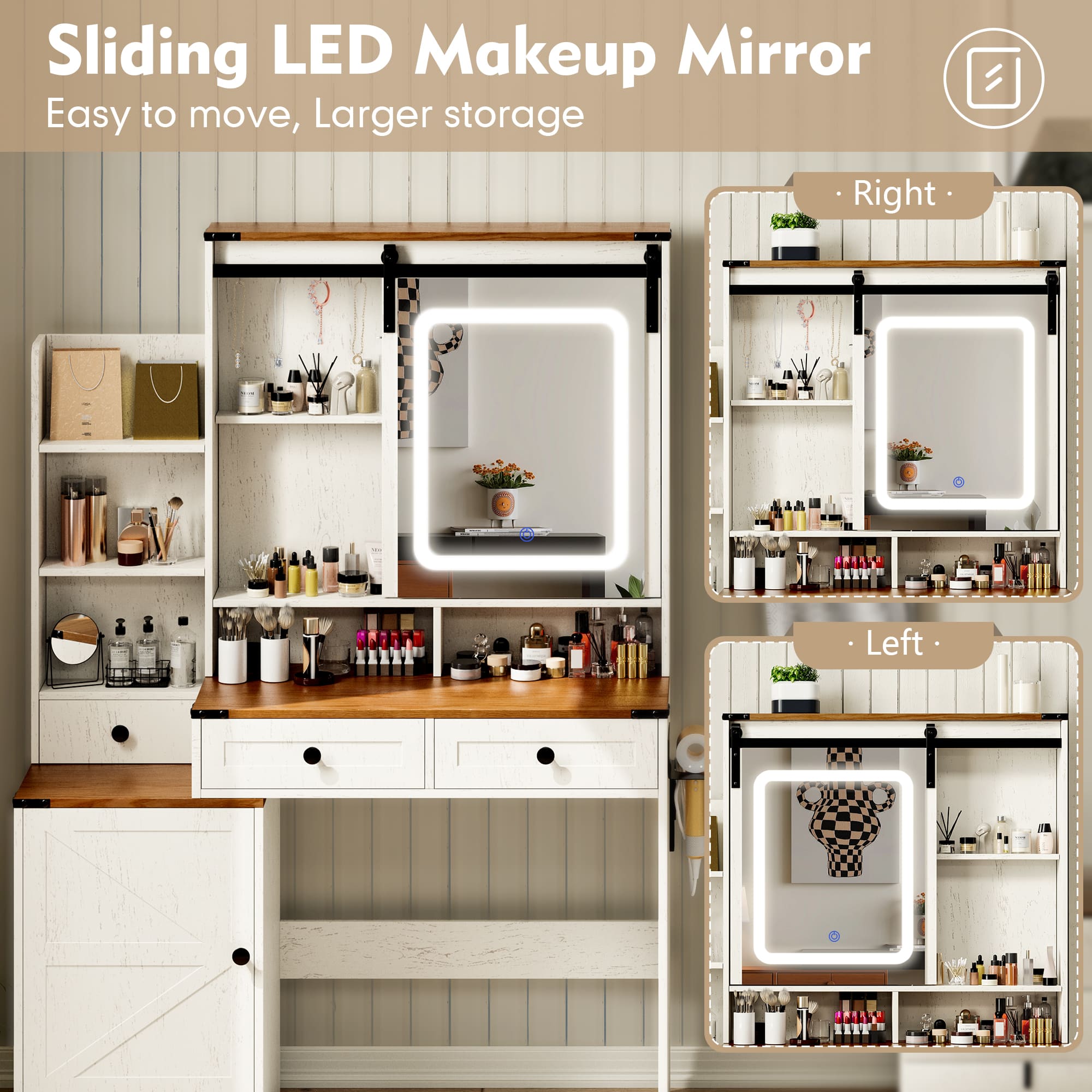 59" Farmhouse Vanity Desk with Mirror, LED Lights & Charging Station – Makeup Table with Drawers, Cabinet & Shelves