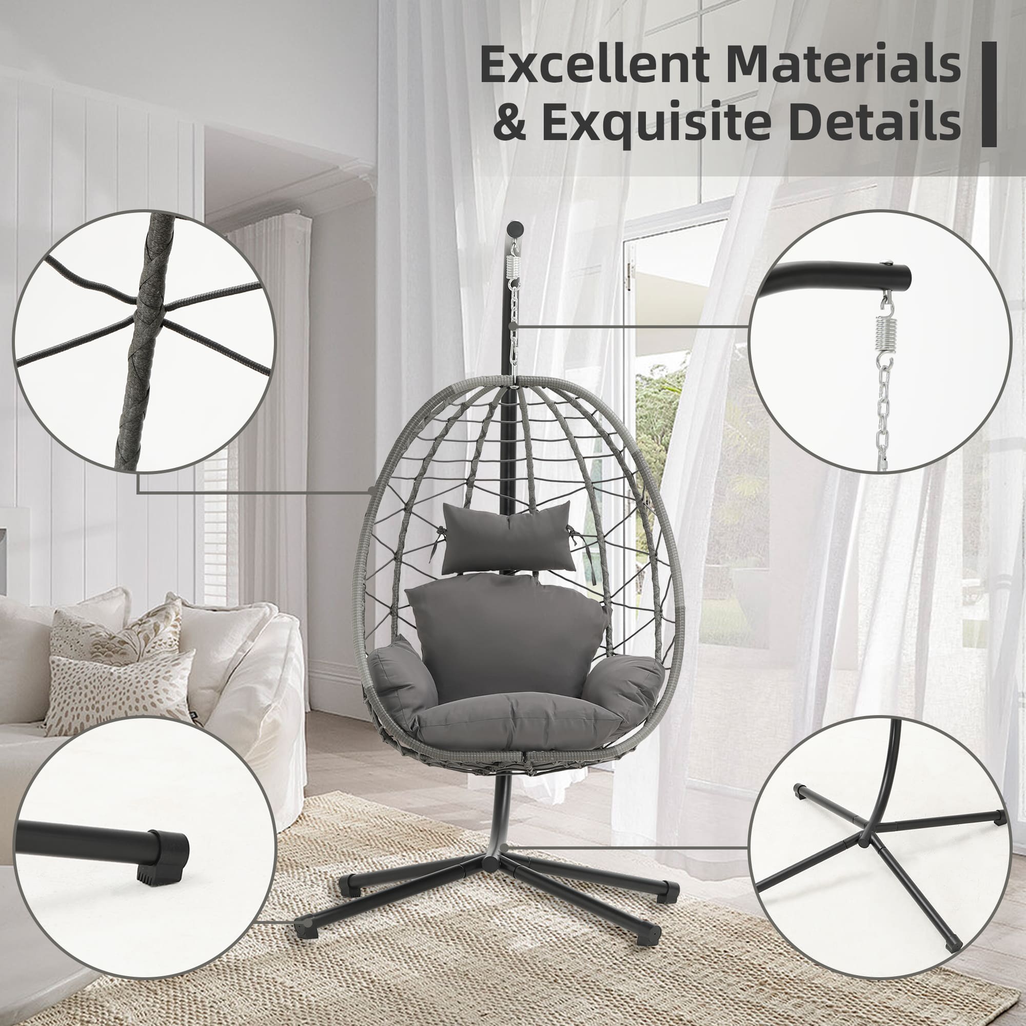 Hanging Egg Chair with Stand and Cushions – Front View