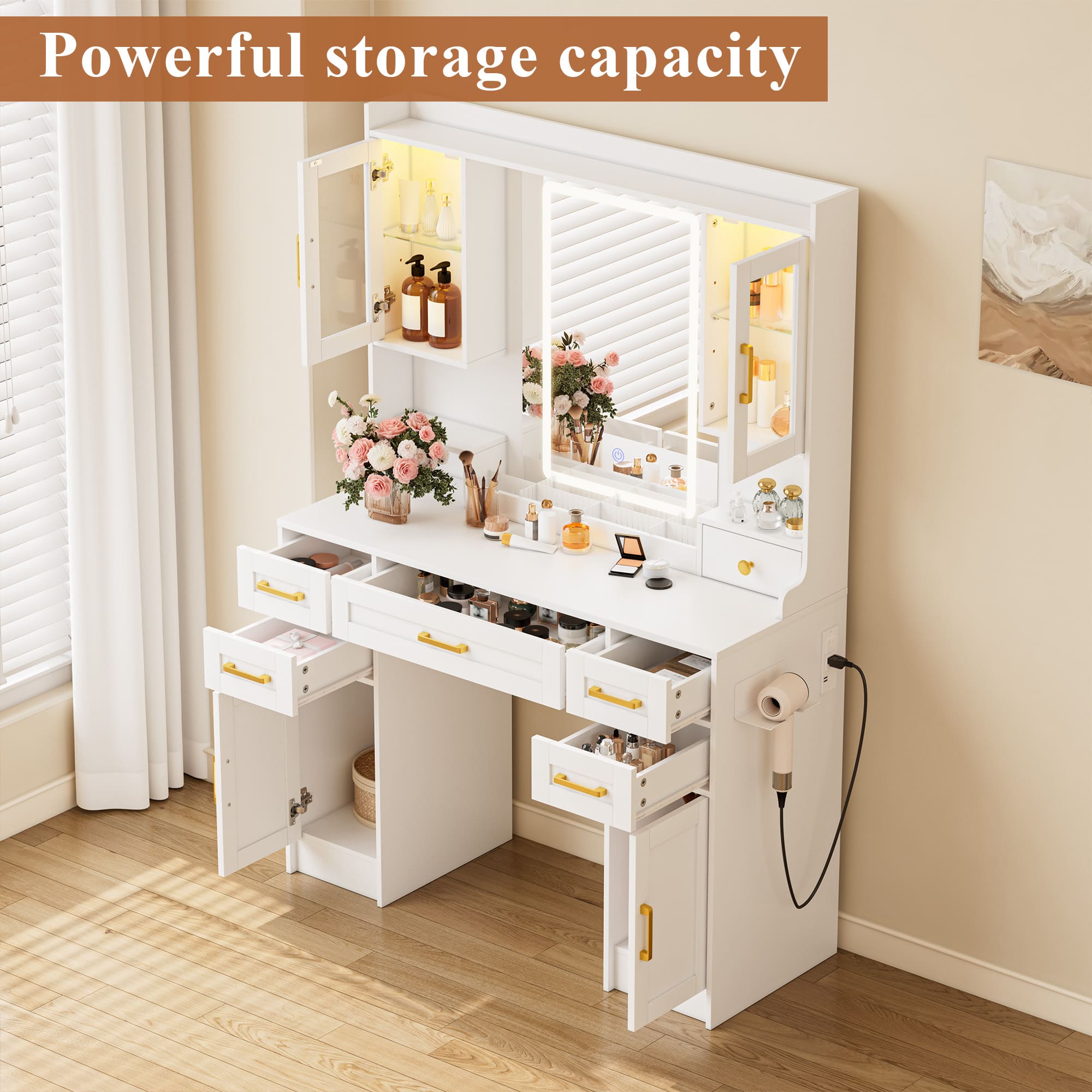 Modern Vanity Desk with Tri-Color LED Mirror, Charging Station & Storage – Makeup Table with Drawers, USB Ports, and Adjustable Lighting