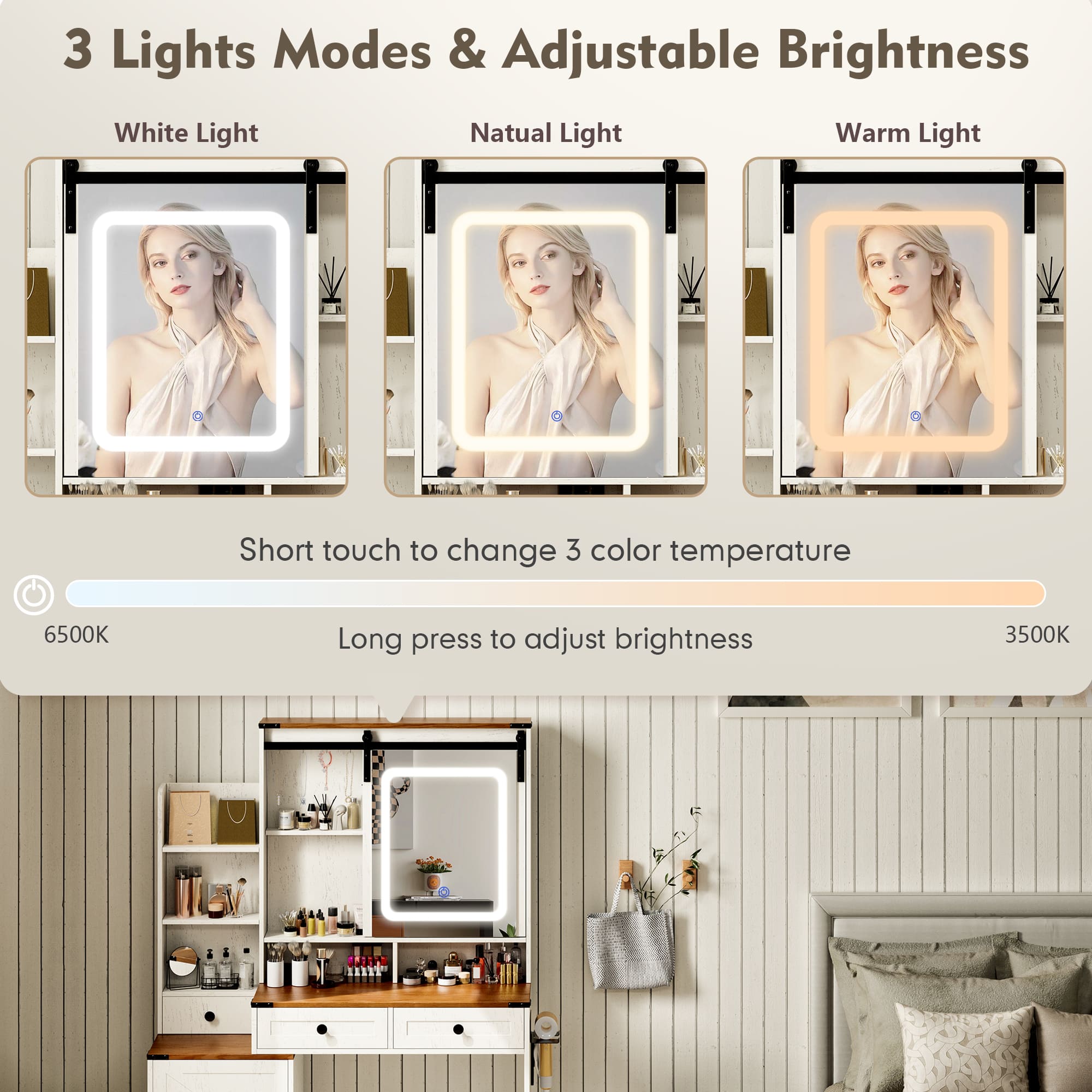59" Farmhouse Vanity Desk with Mirror, LED Lights & Charging Station – Makeup Table with Drawers, Cabinet & Shelves
