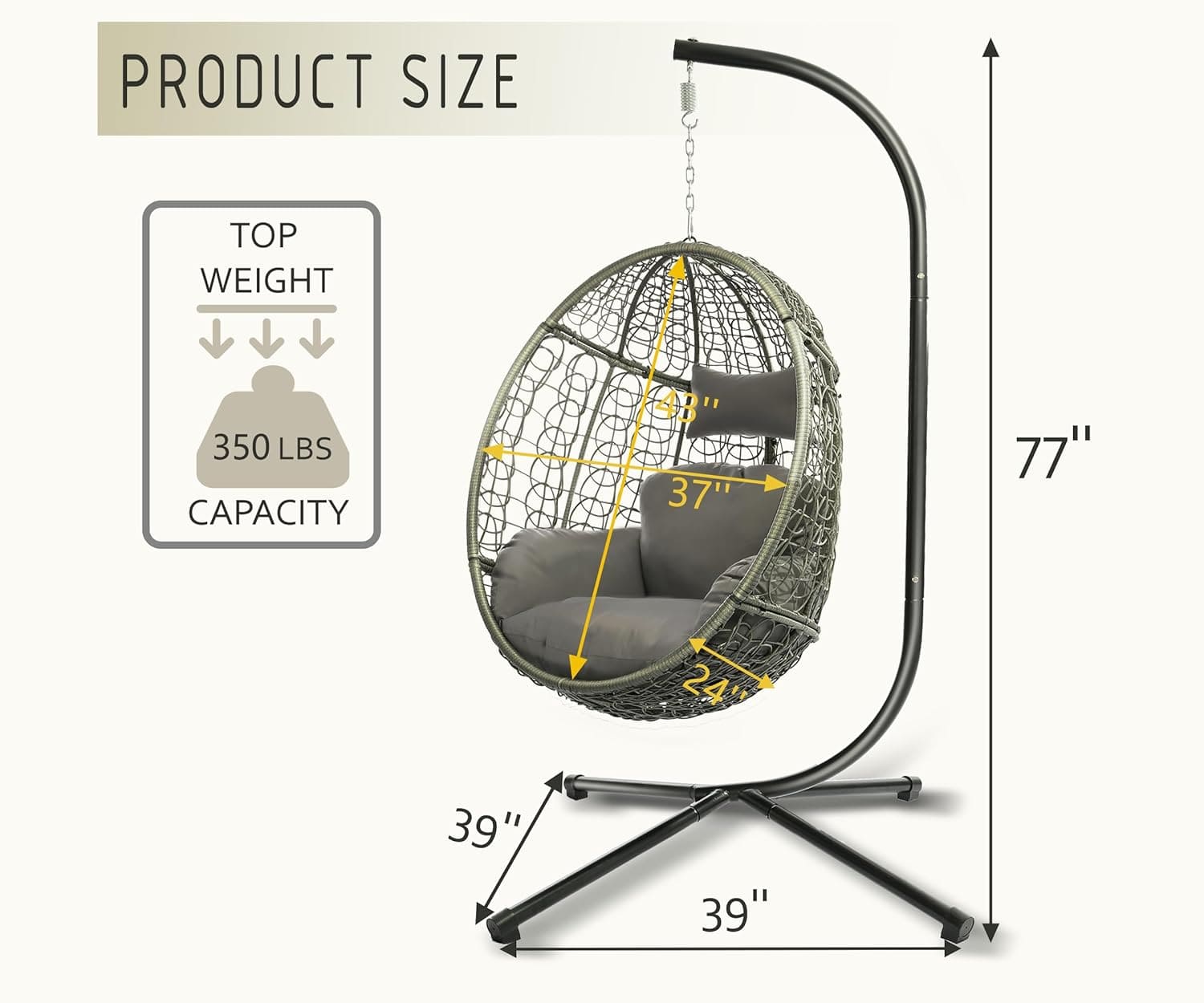 Boho-style hanging egg chair with gray cushion and metal stand, made of rattan for indoor and outdoor use