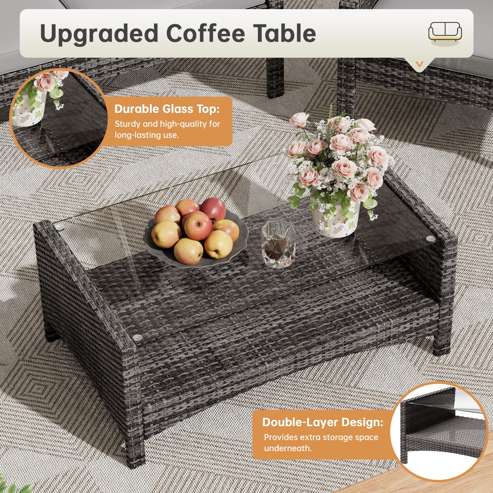 Close-Up of Tempered Glass Coffee Table with Storage Shelf