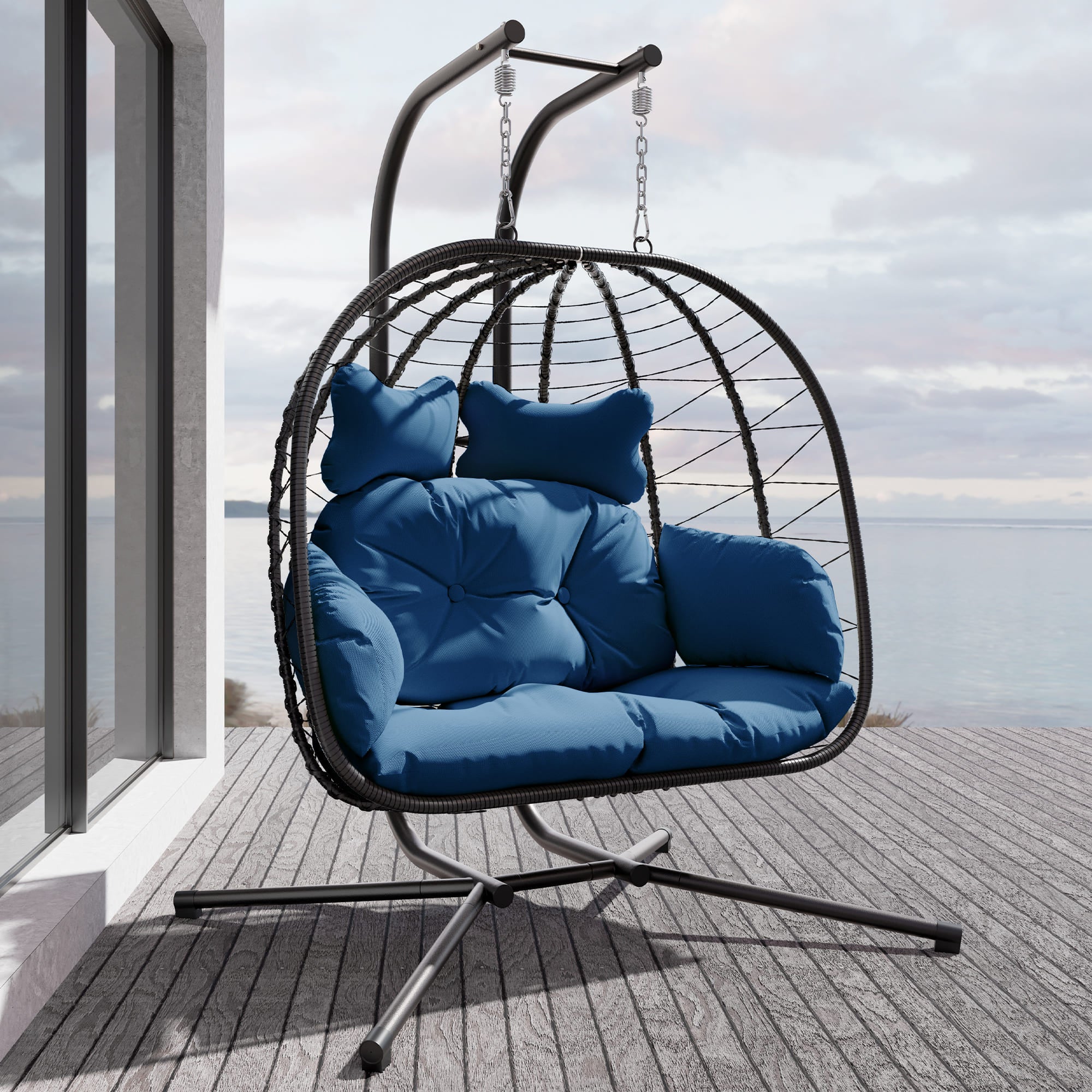 2-Person Hanging Egg Chair with Stand and Cushions – Front View