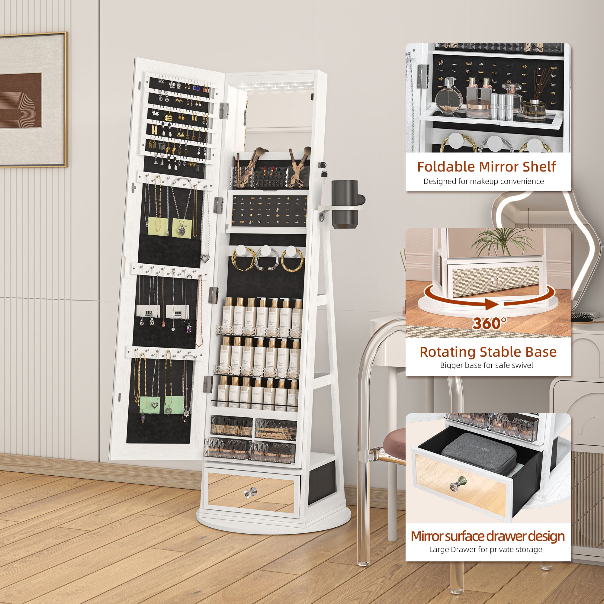 LHBcraft 360° Rotating Base of Jewelry Armoire for Easy Access