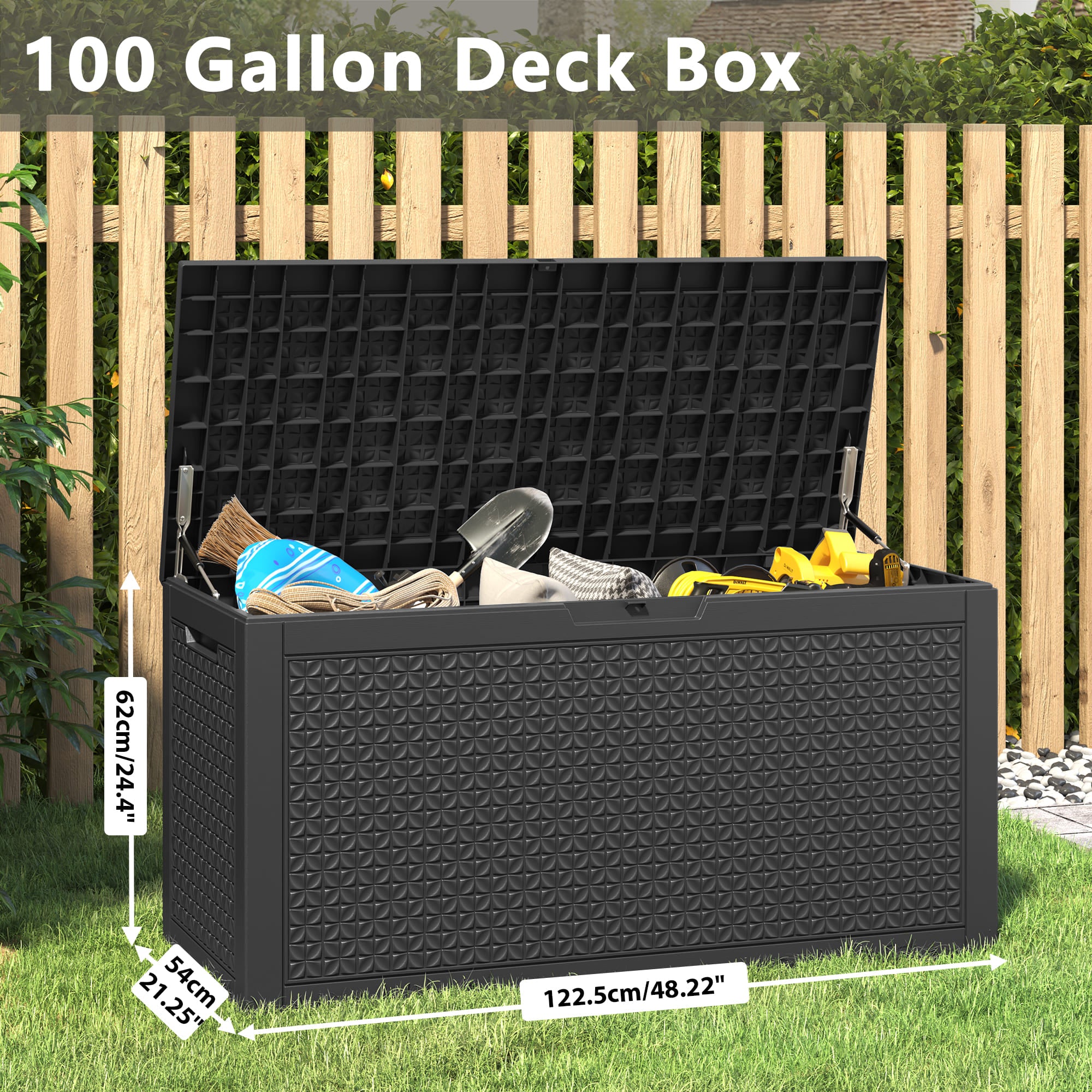 100 Gal UV-Resistant Waterproof Deck Box for Indoor and Outdoor Use