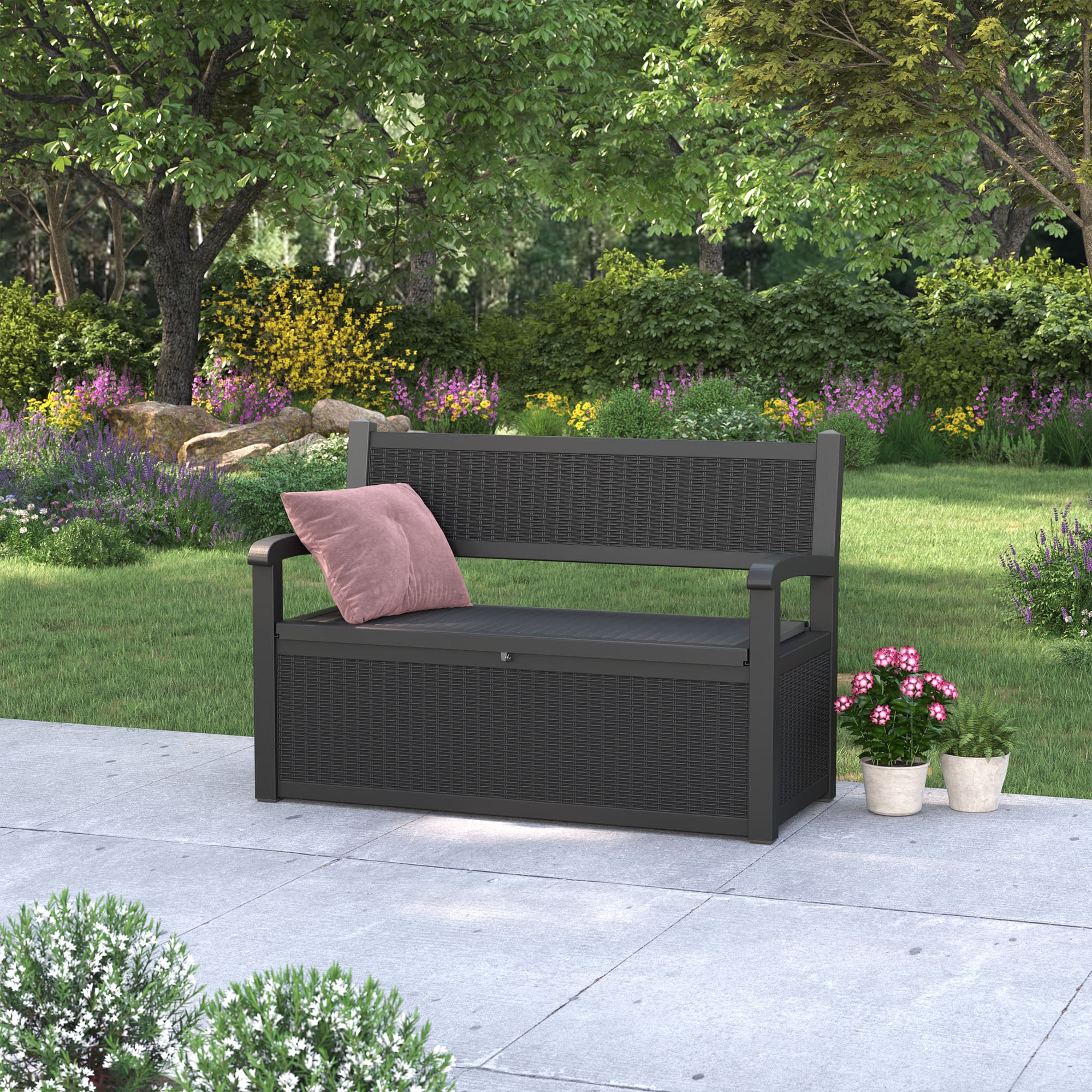 70 Gal Outdoor Storage Bench, Outdoor Storage Box Waterproof Design with Pre-Lock Feature, Deck Box Perfect for Patio Storage