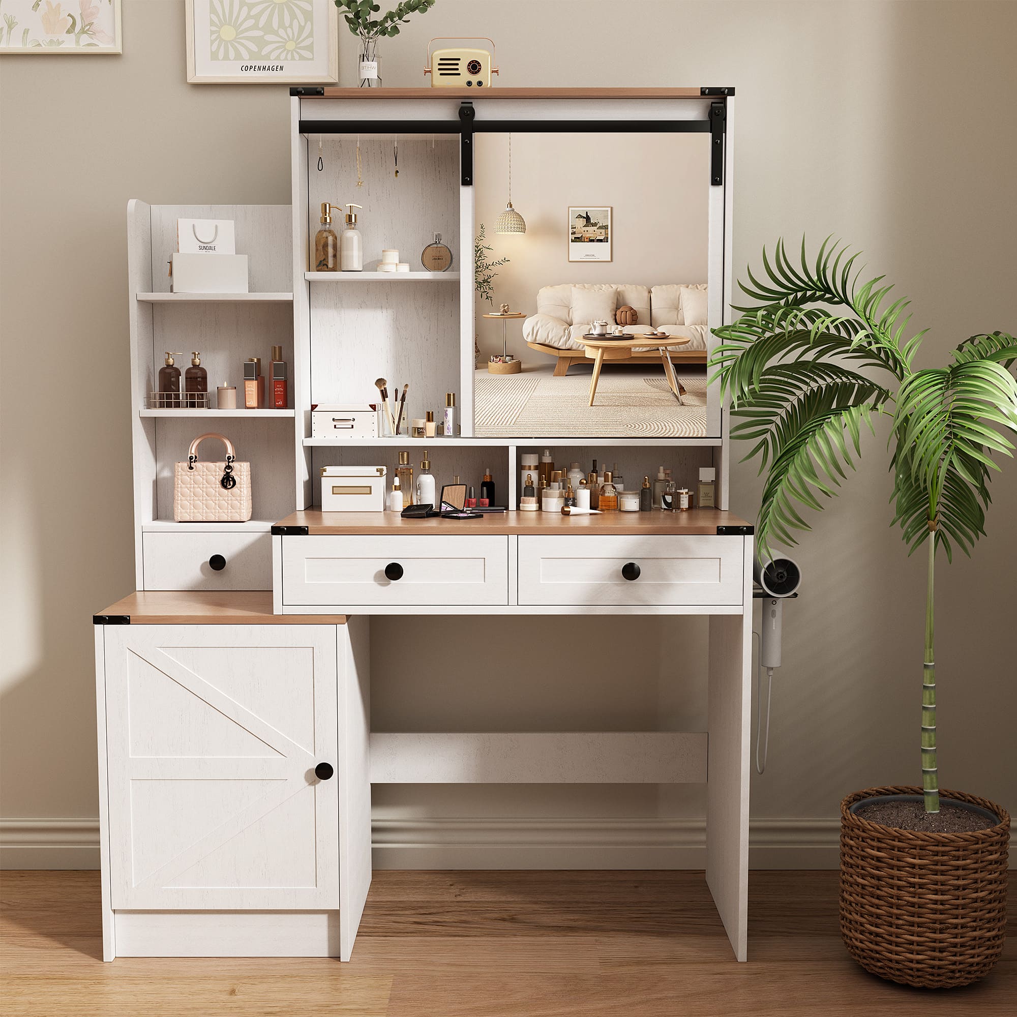 59" Farmhouse Vanity Desk with Mirror, LED Lights & Charging Station – Makeup Table with Drawers, Cabinet & Shelves