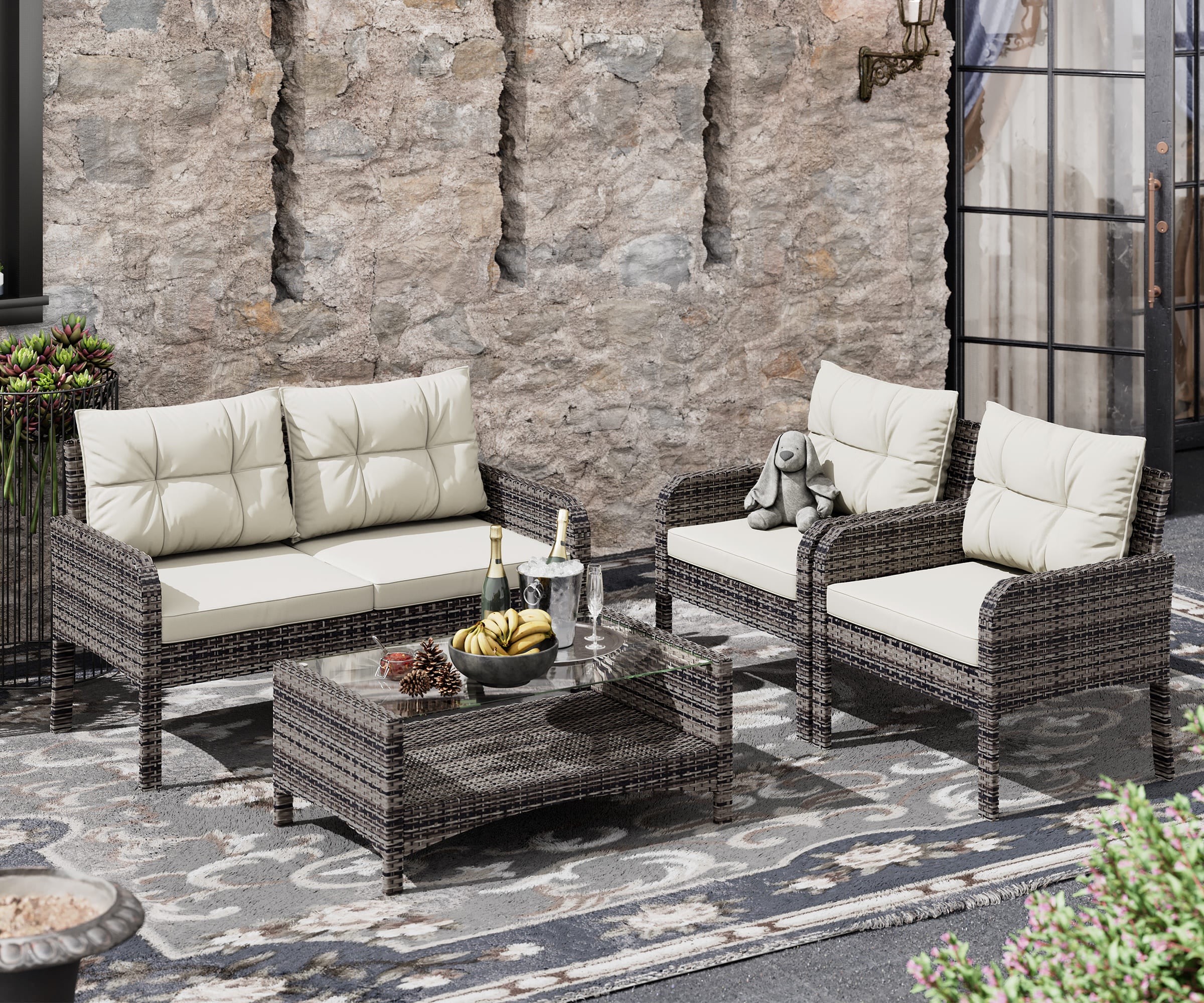 Outdoor 4-Piece Rattan Sofa Set with Cushions & Coffee Table, Brown & Beige