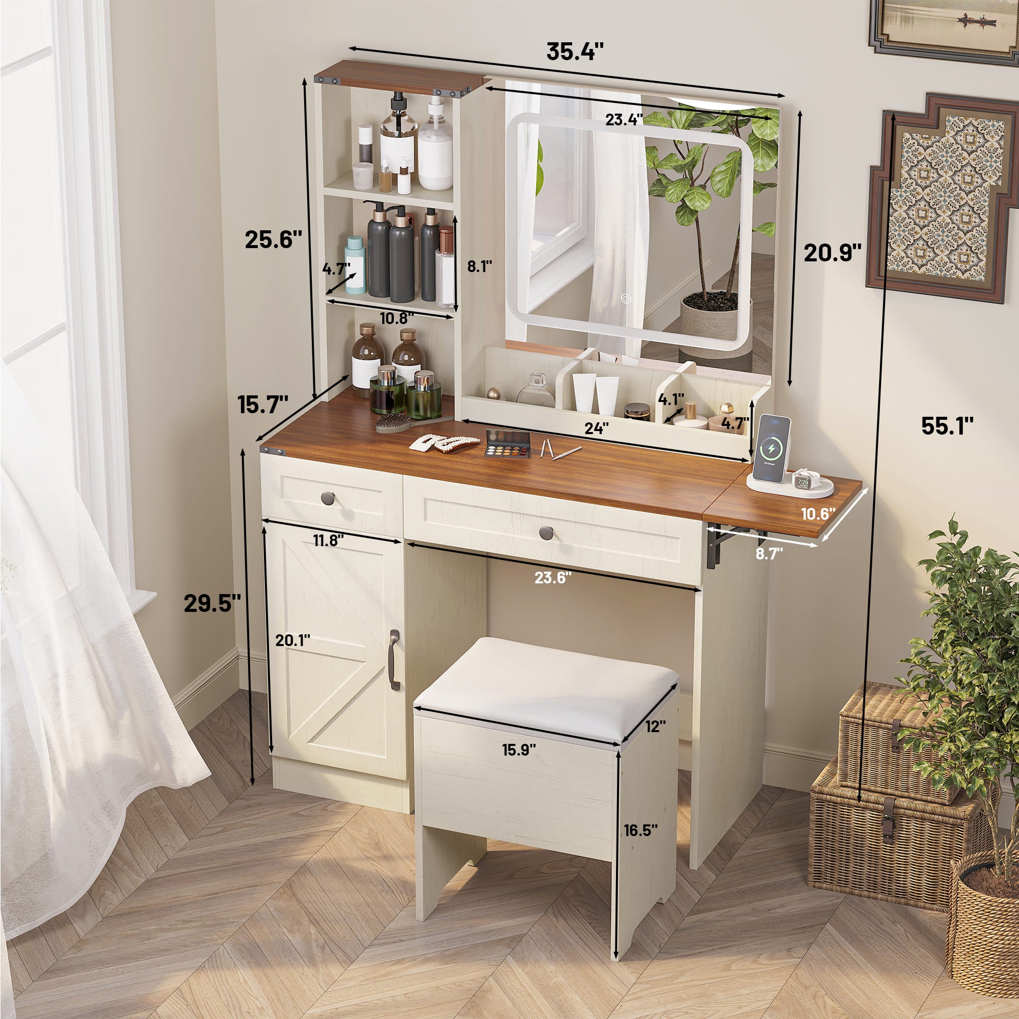 LHBcraft Makeup Vanity Desk with Sliding LED Lighted Mirror