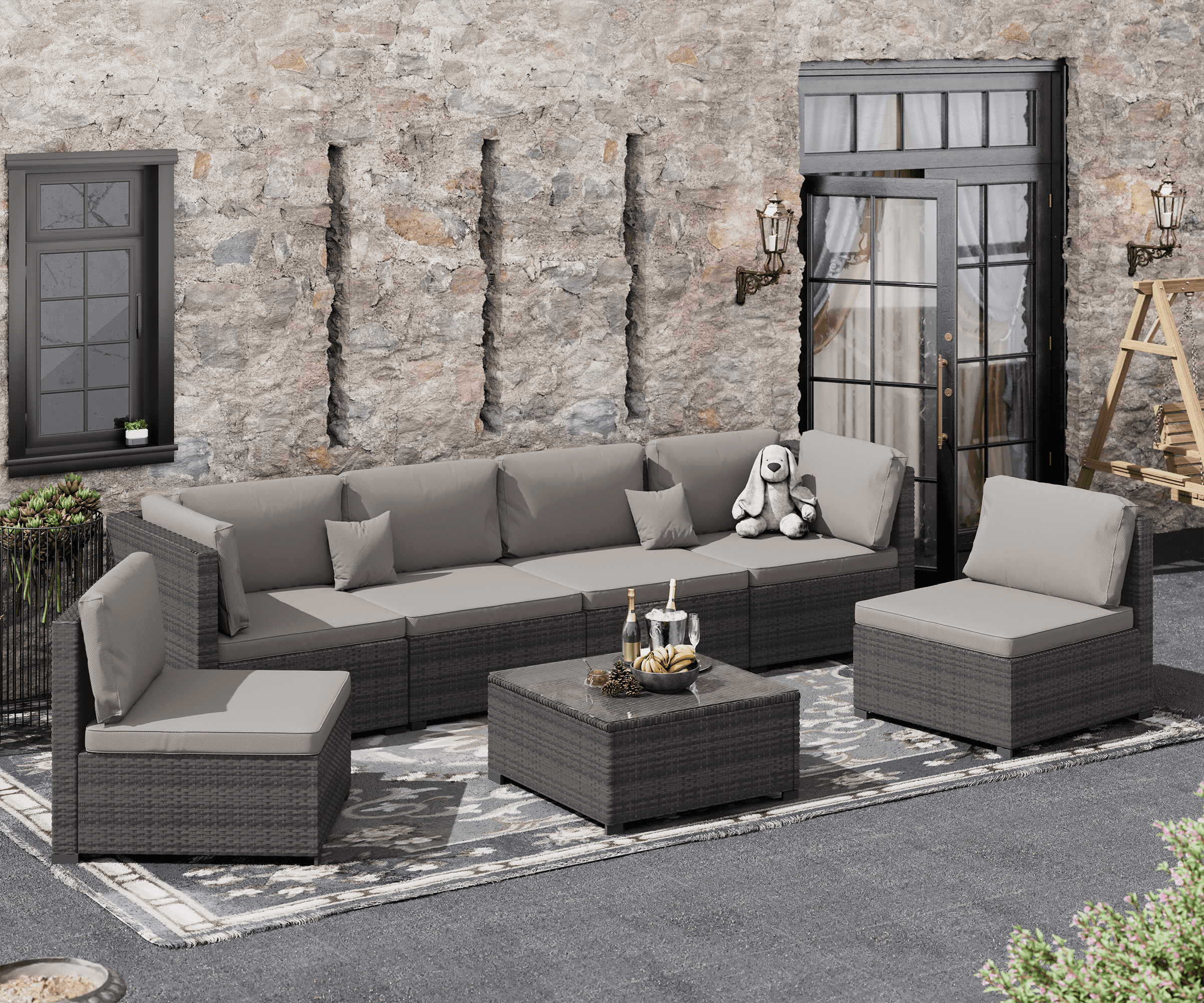 LHBcraft 7 Piece Patio Furniture Set, Outdoor Furniture Patio Sectional Sofa, Grey