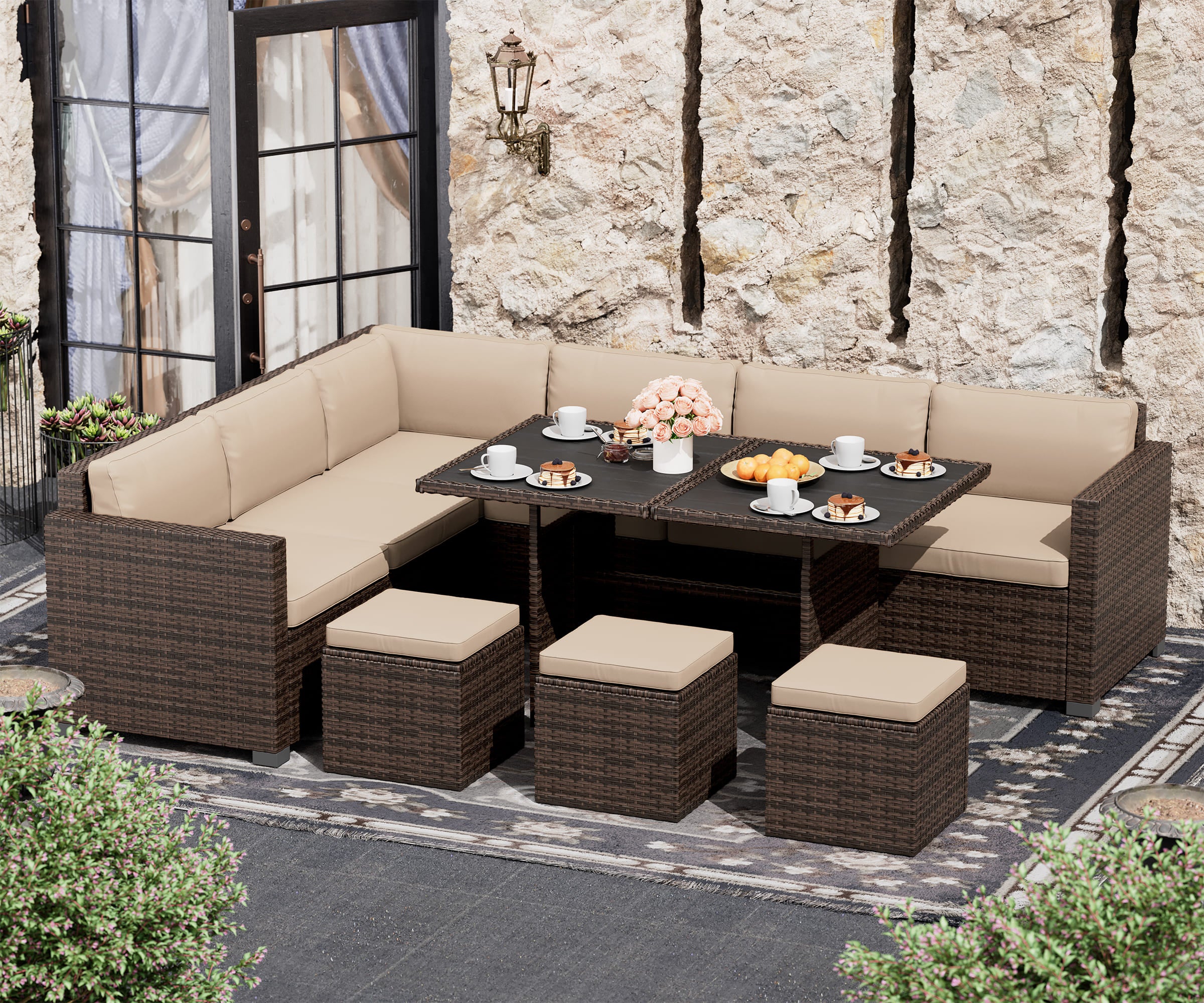 LHBcraft 7 Piece Patio Dining Set, Brown