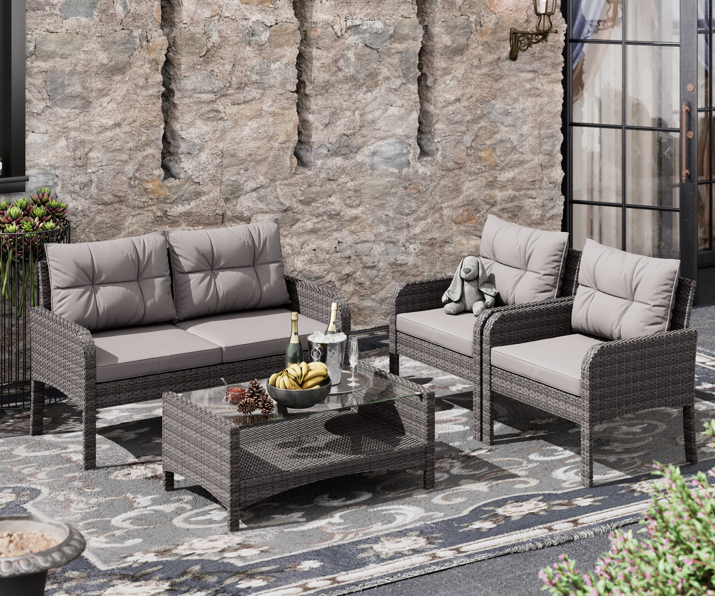 LHBcraft 4 Pieces Rattan Sofa Set