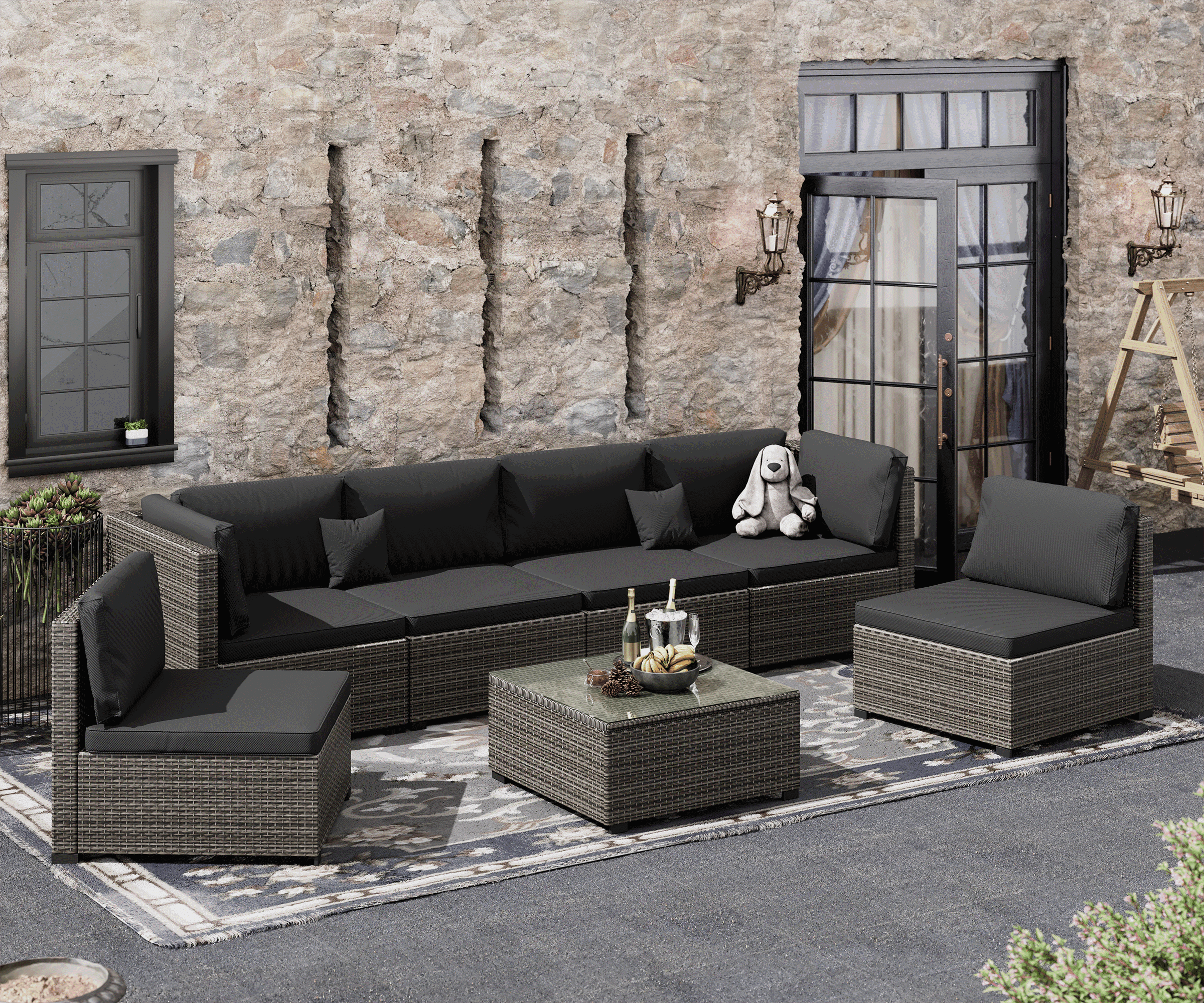 LHBcraft 7 Piece Patio Furniture Set, Outdoor Furniture Patio Sectional Sofa, Black