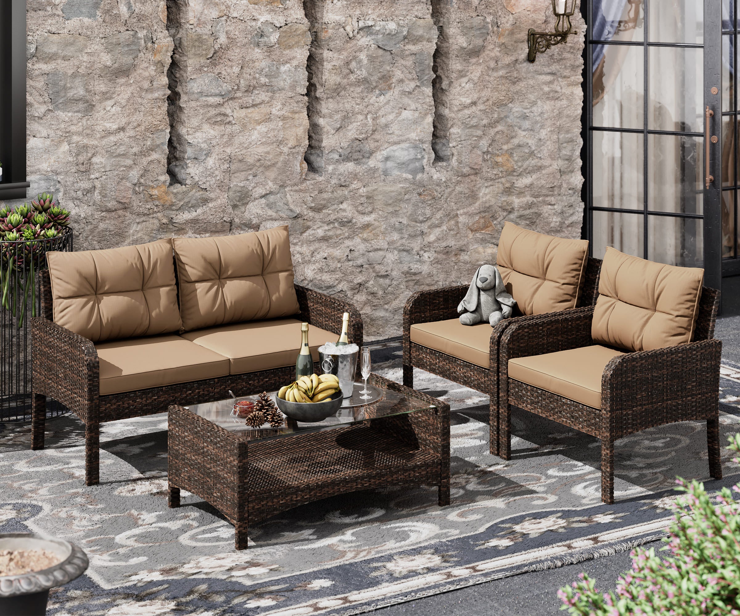 Outdoor 4-Piece Rattan Sofa Set with Cushions & Coffee Table, Brown & Beige