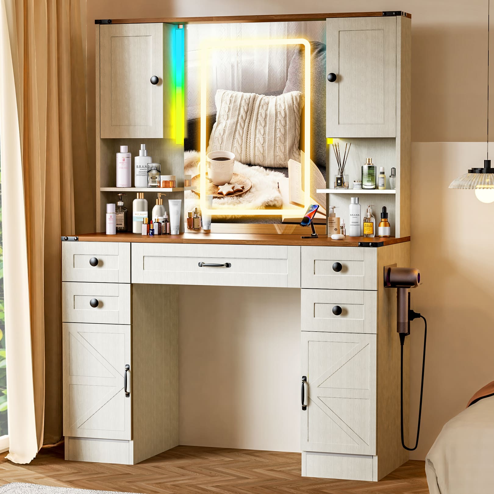 Makeup Vanity Mirror with 16 RGB Colors Light, Large Women Vanity Desk with Touch Screen Mirror & Power Outlet, 4 Cabinet, 2 Shelves & 5 Drawers for Bedroom