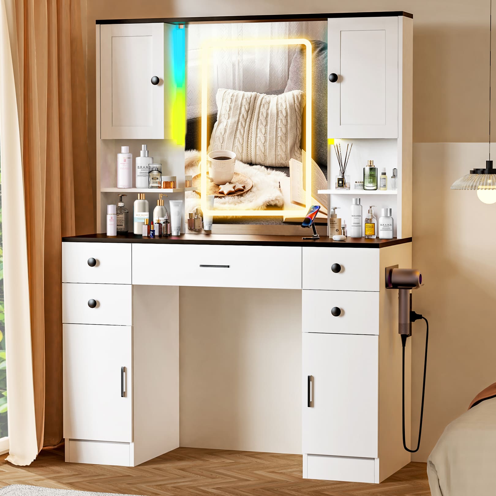 Makeup Vanity Mirror with 16 RGB Colors Light, Large Women Vanity Desk with Touch Screen Mirror & Power Outlet, 4 Cabinet, 2 Shelves & 5 Drawers for Bedroom