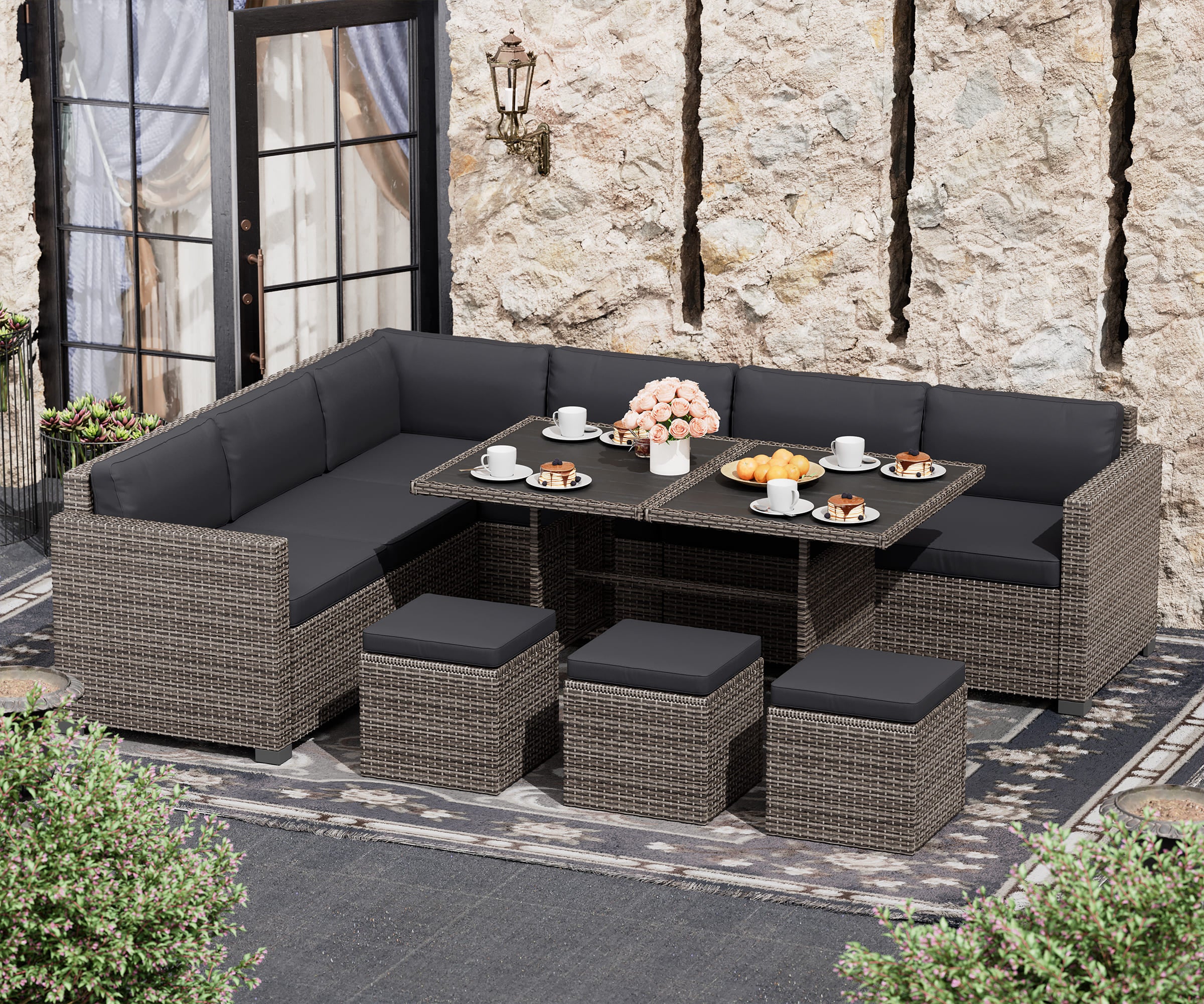 LHBcraft 7 Piece Patio Dining Set, Black